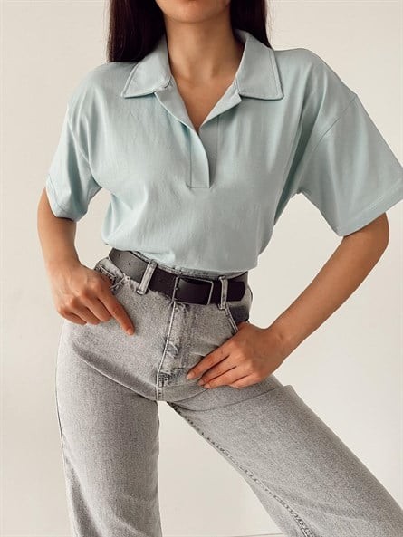 Polo Yaka Crop Basic Mavi