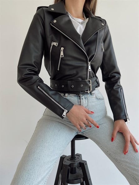 Kemerli Biker Deri Ceket Siyah