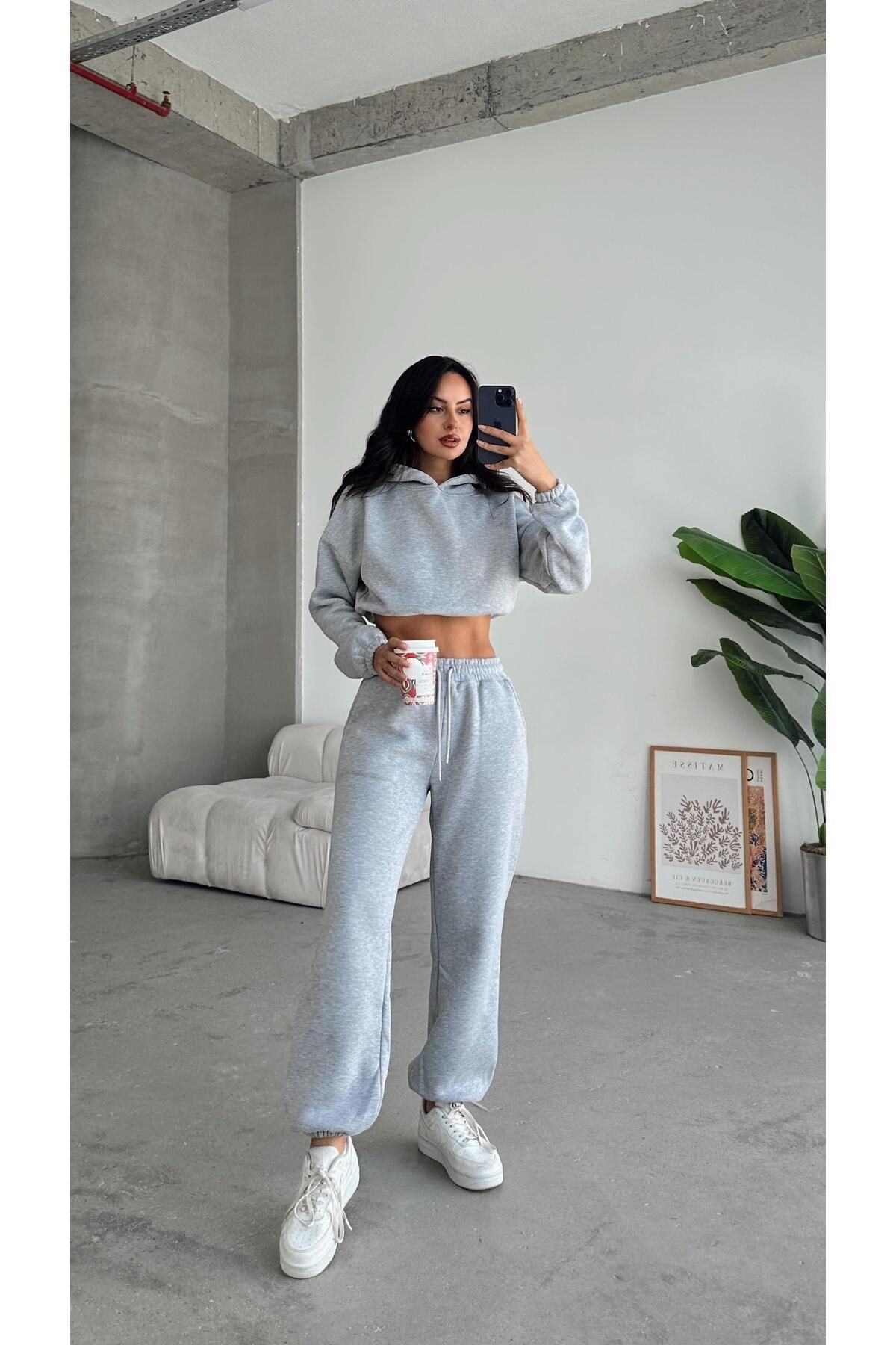 Kapüşonlu Crop Sweat Jogger Eşofman Takım Gri