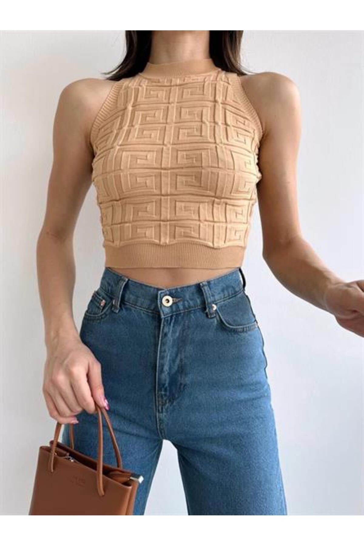 Labirent Desen Halter Triko Crop Vizon