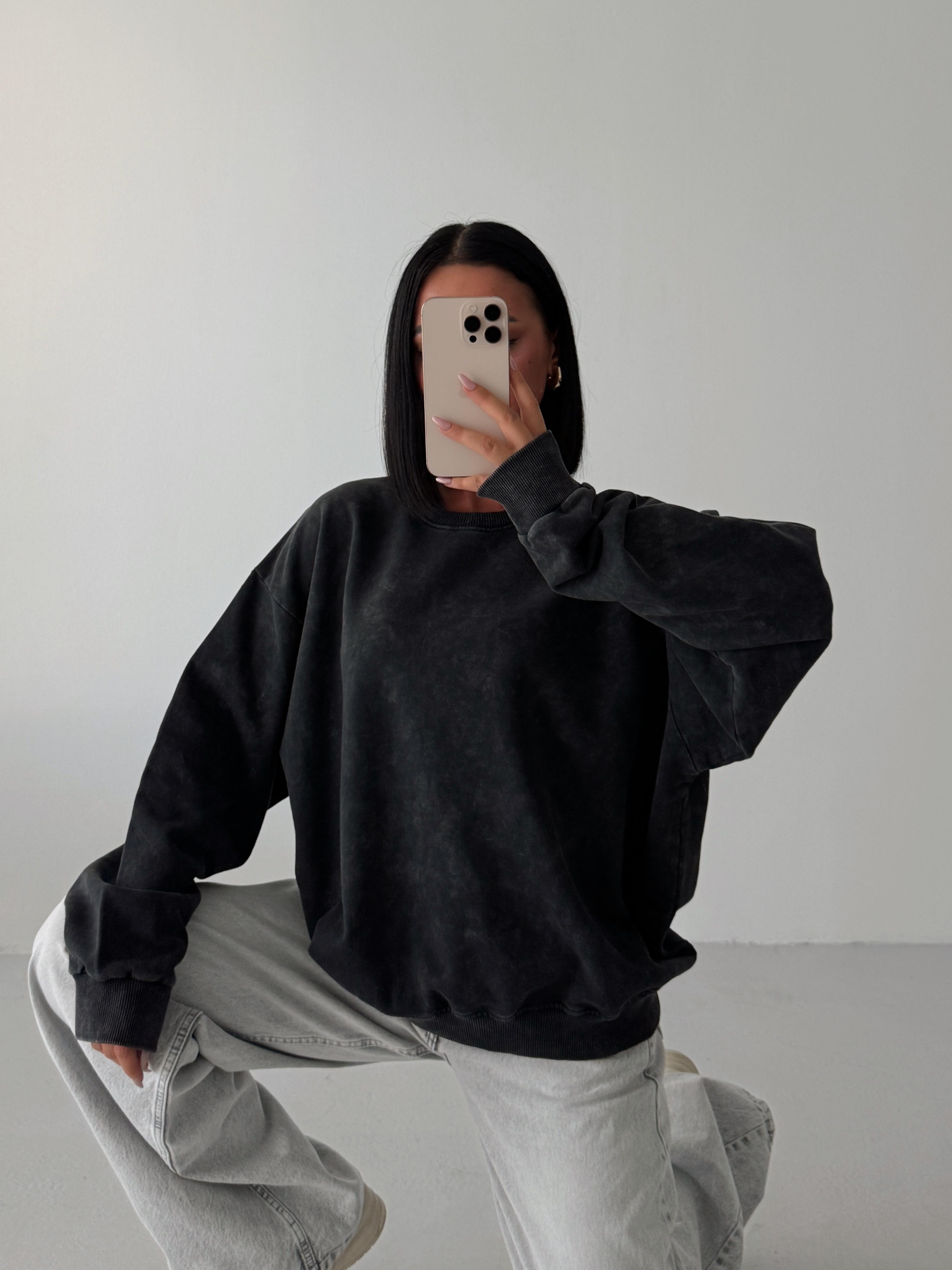 Bisiklet Yaka Yıkama Sweat - Füme