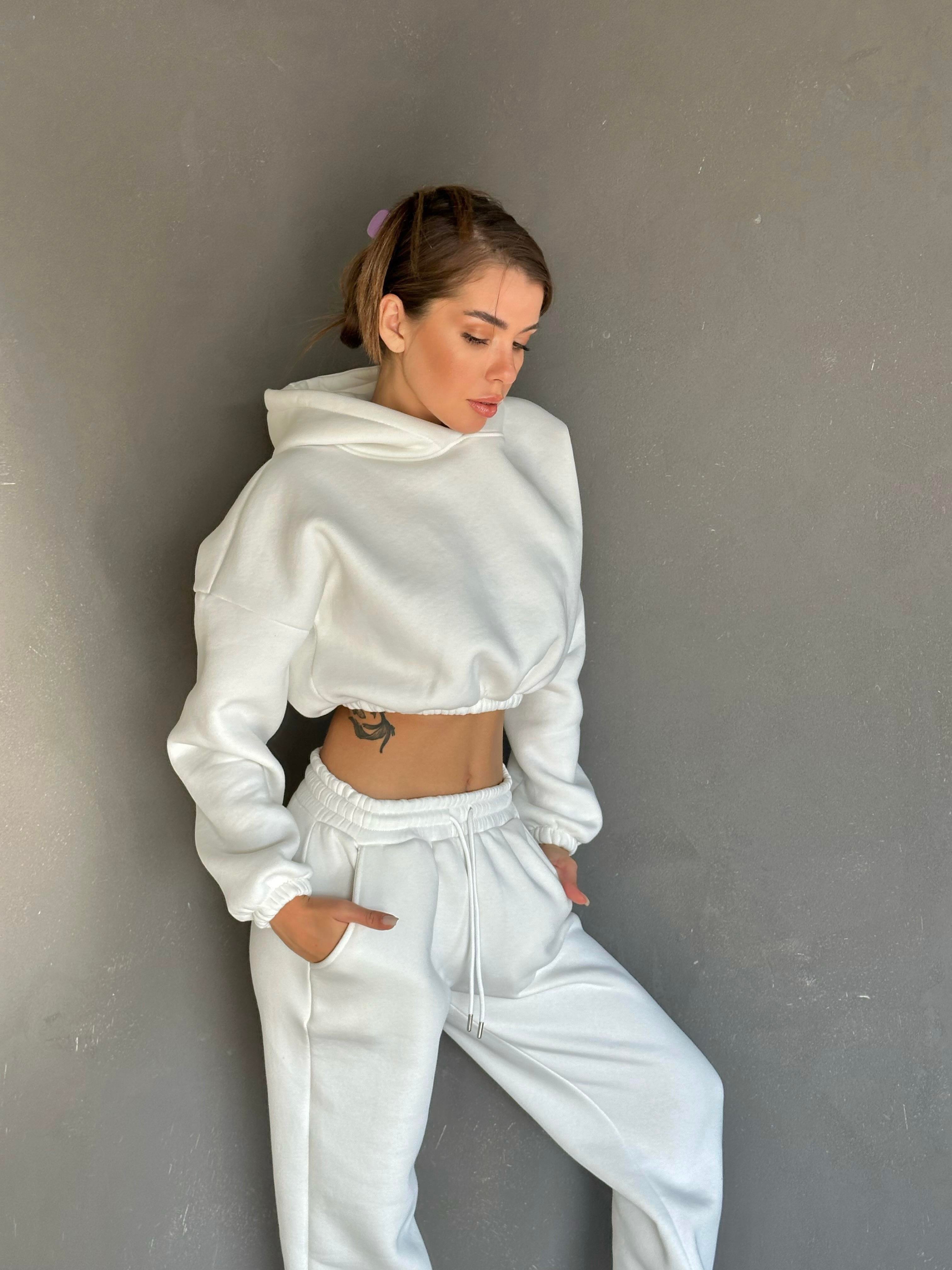 Kapüşonlu Crop Sweat Jogger Eşofman Takım Beyaz