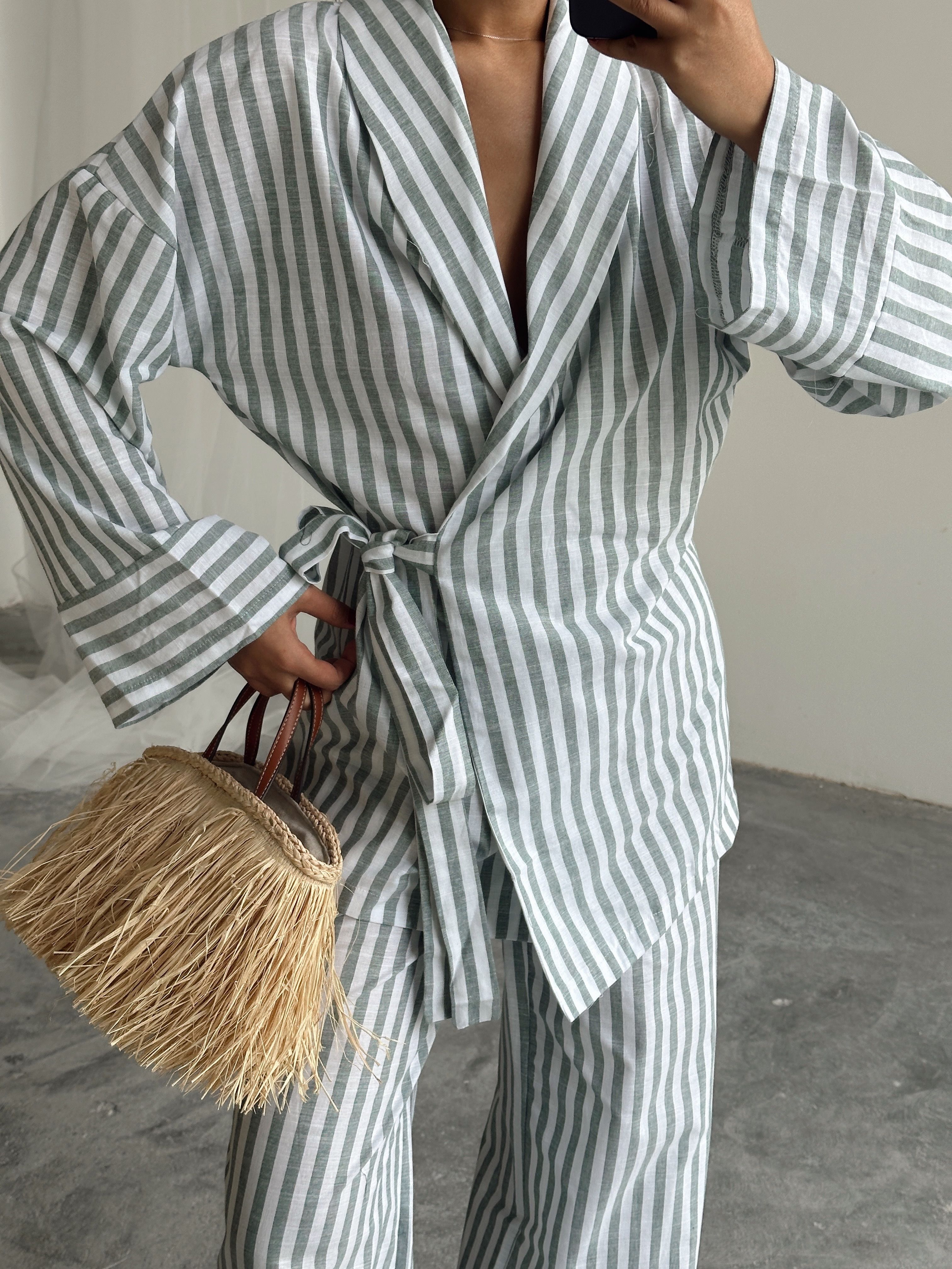 Çizgili Kimono Takım  - Haki Yeşil