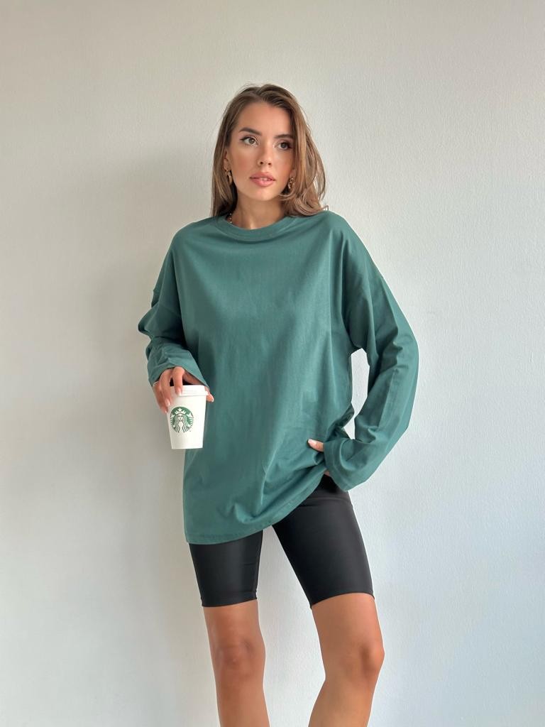 Pamuklu Uzun Kollu Oversize Tshirt Petrol Yeşili
