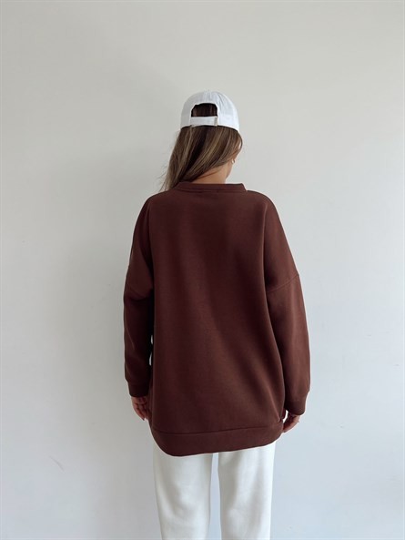 Wellness İşleme Nakışlı Oversize 3 İplik Şardonlu Sweatshirt Kahverengi