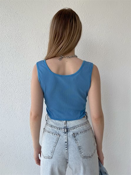 Fermuarlı Korse Detay Crop Mavi