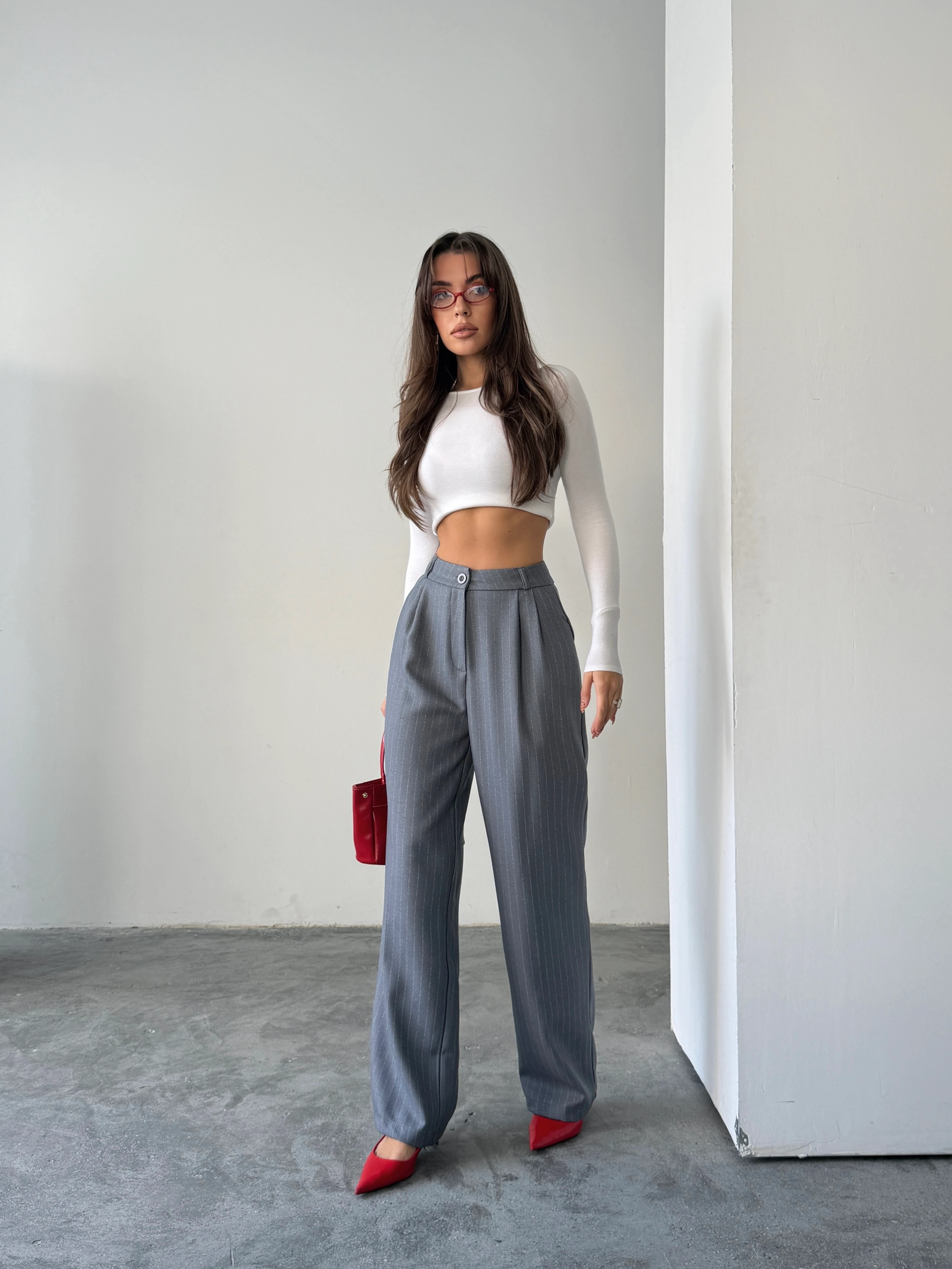 Yünefekt Çizgili Palazzo - Gri