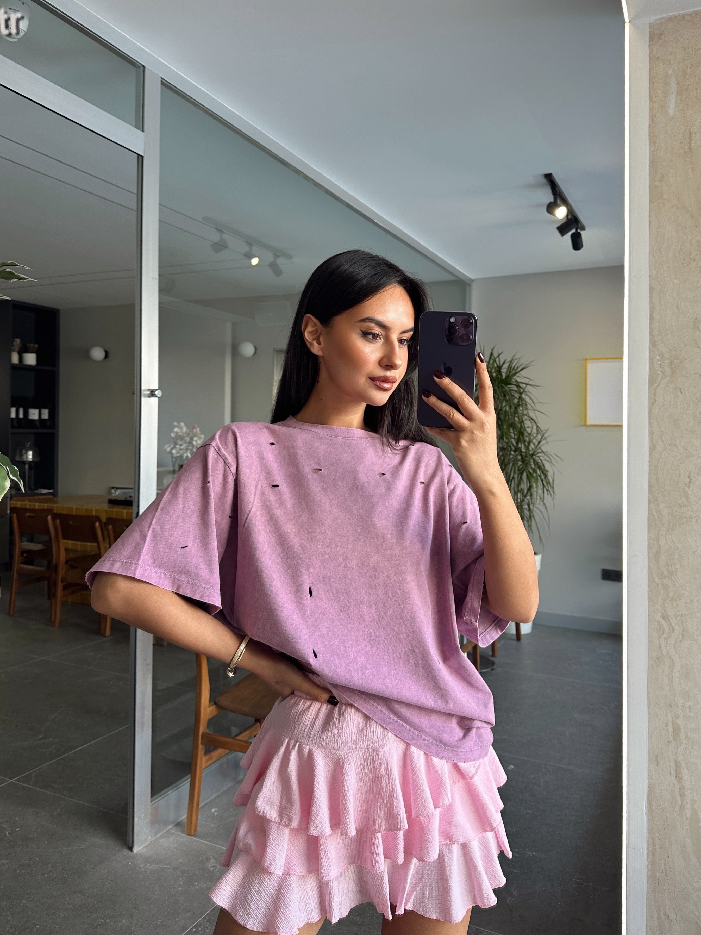 Delikli Yıkama T-shirt - Lila