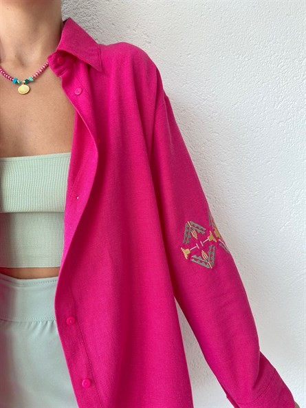 Kol Nakış İşleme Oversize Keten Gömlek Fuşya