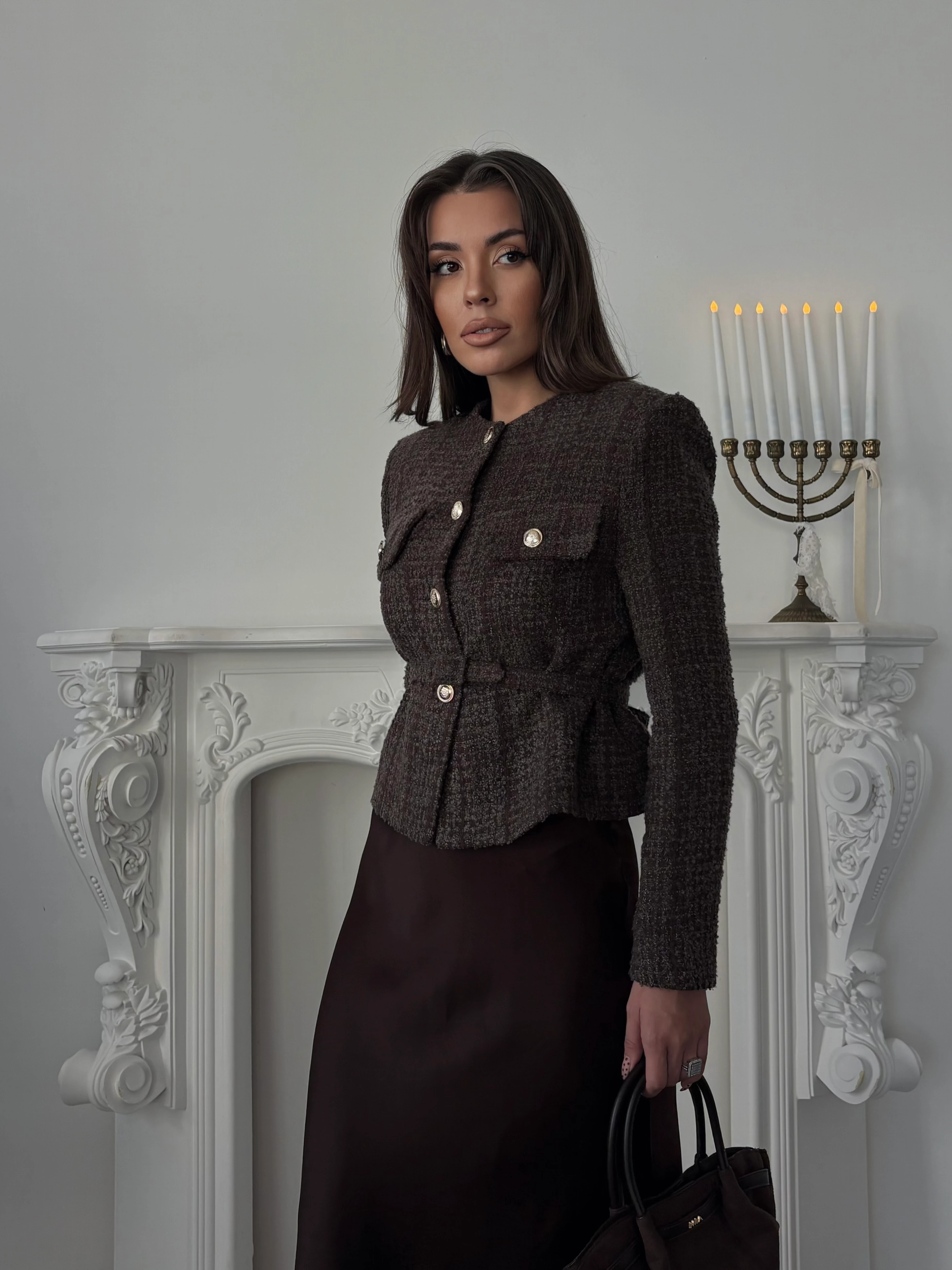 Kemer Detaylı Düğmeli Ceket - Kahve