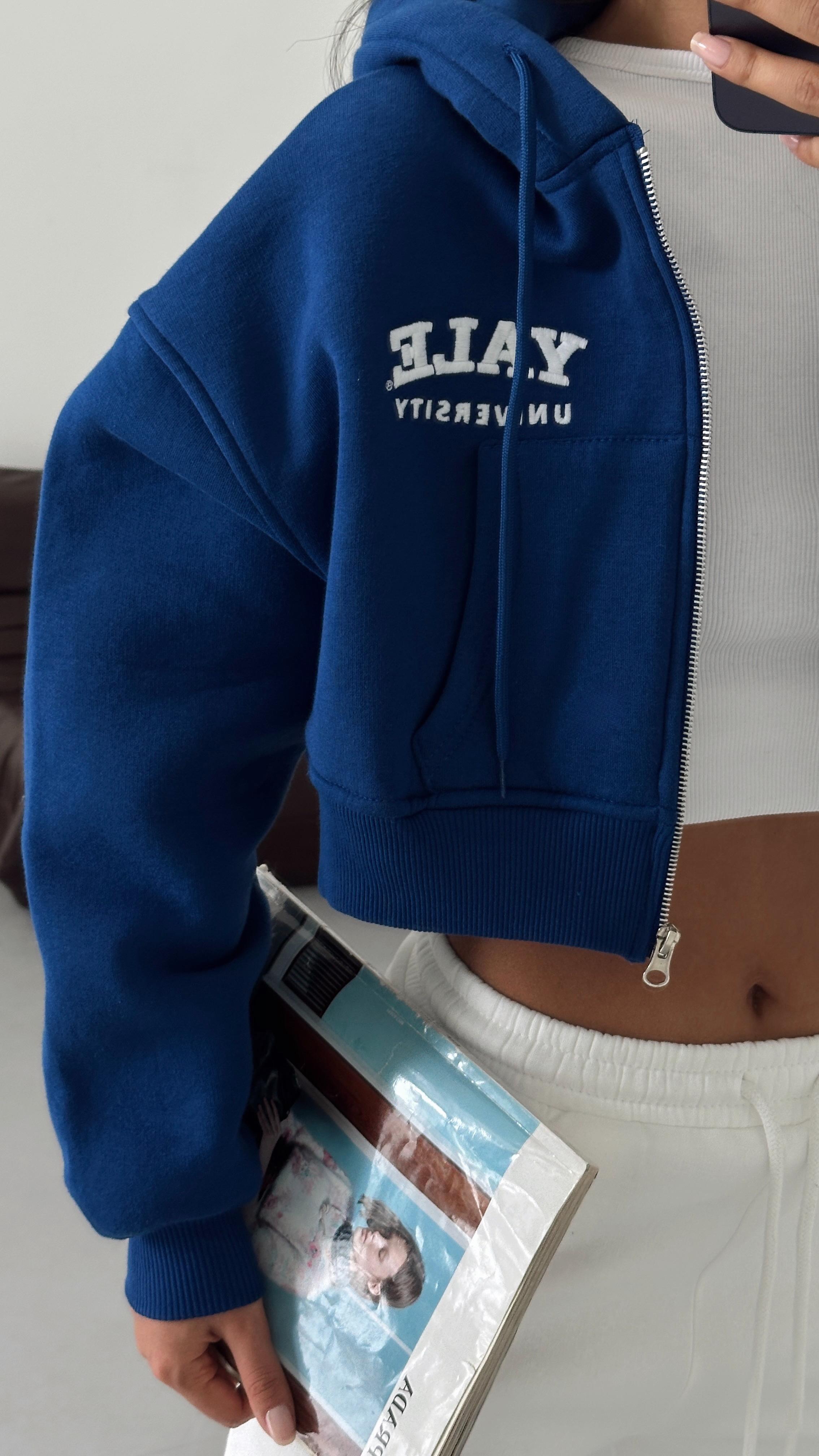 Fermuarlı Crop Sweat - Saks Mavi