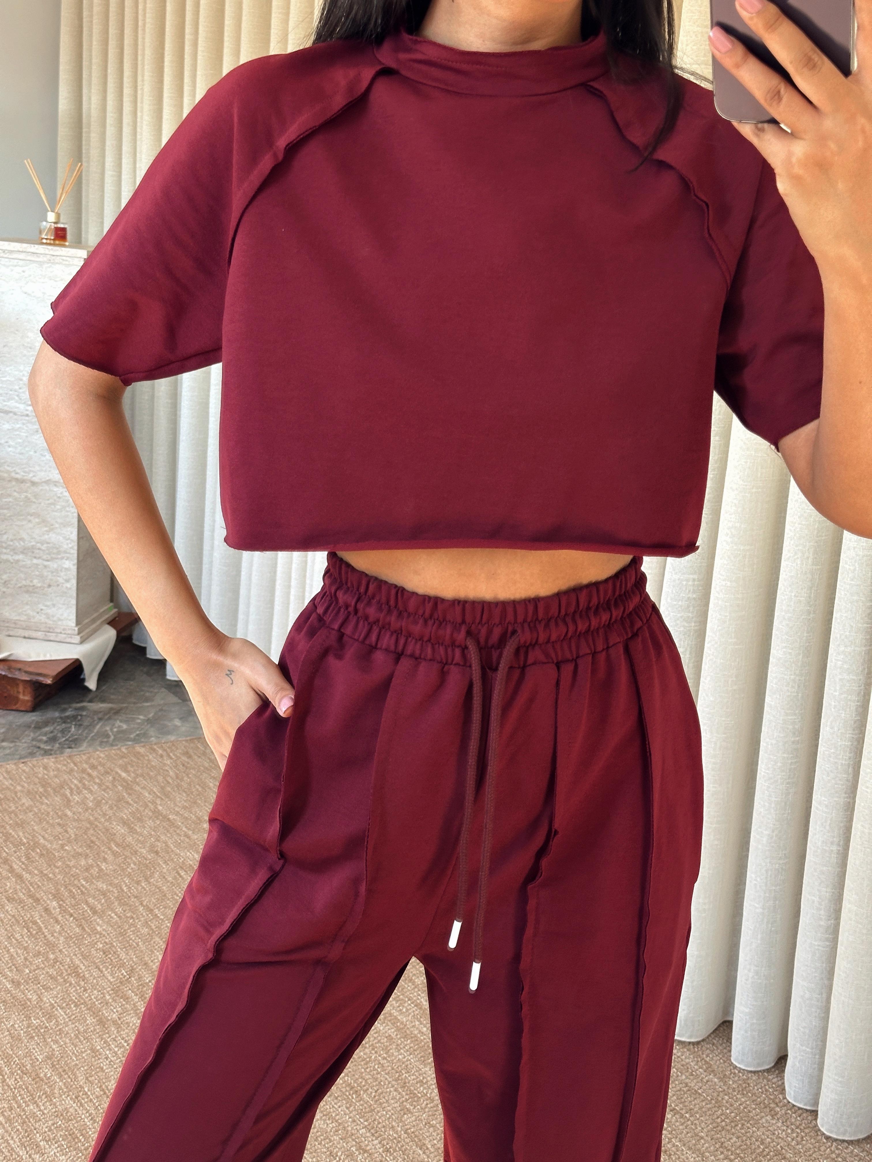 Ters Dikiş Detay Crop Takım - Bordo