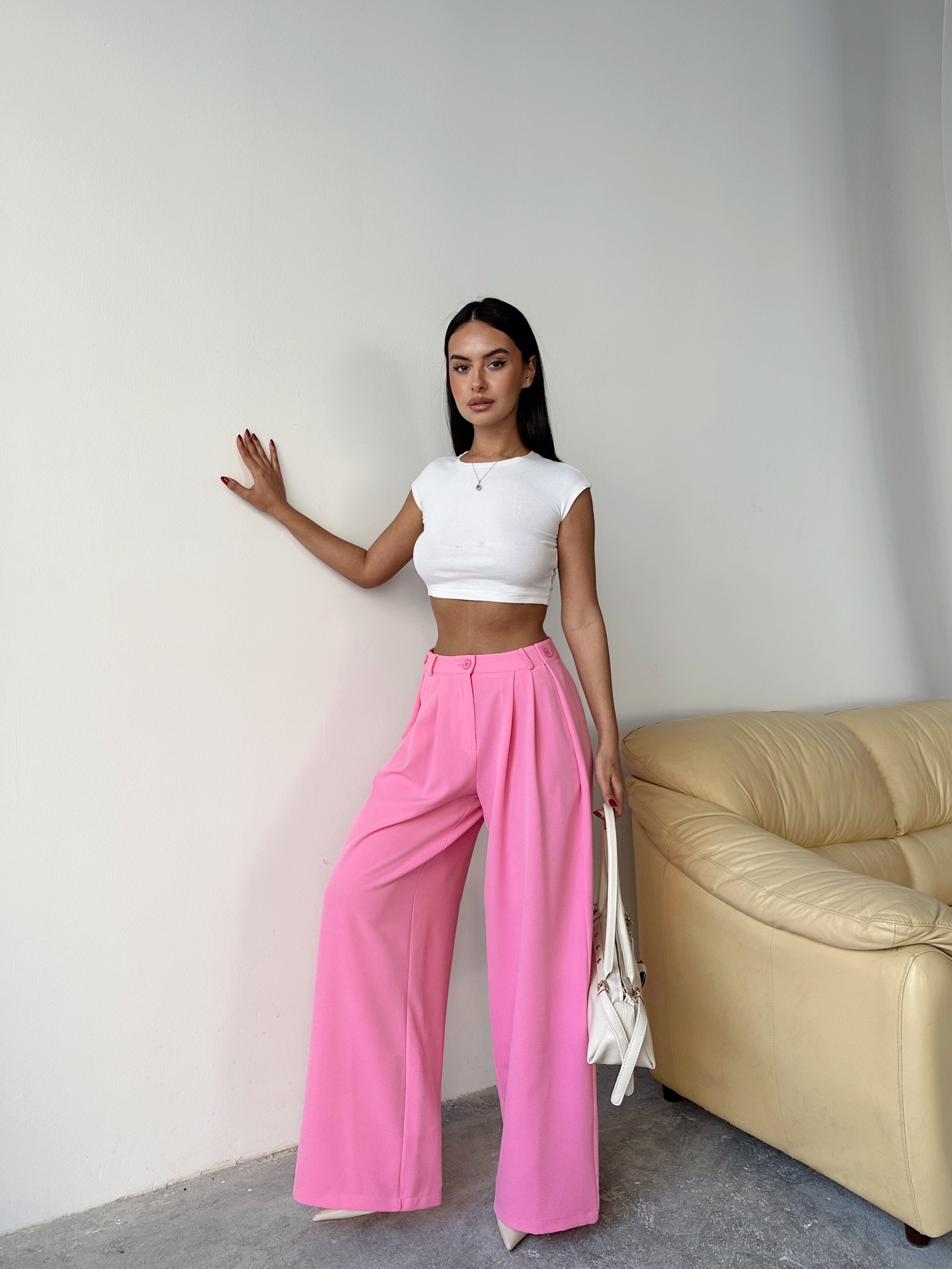 Yandan Katlama Düğme Detay Palazzo - Pembe