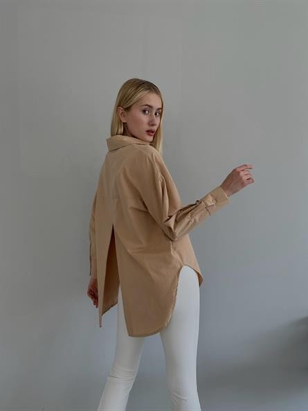 Sırt Yırtmaç Detay Oversize Poplin Gömlek Vizon