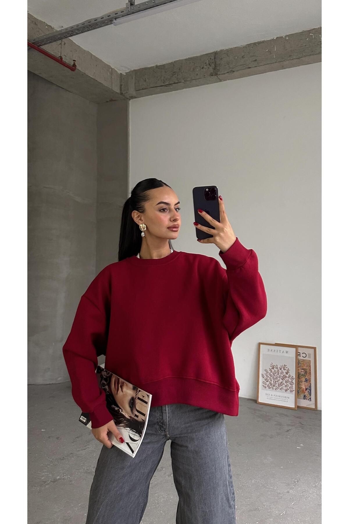 Sage Bisiklet Yaka Sweatshirt Bordo