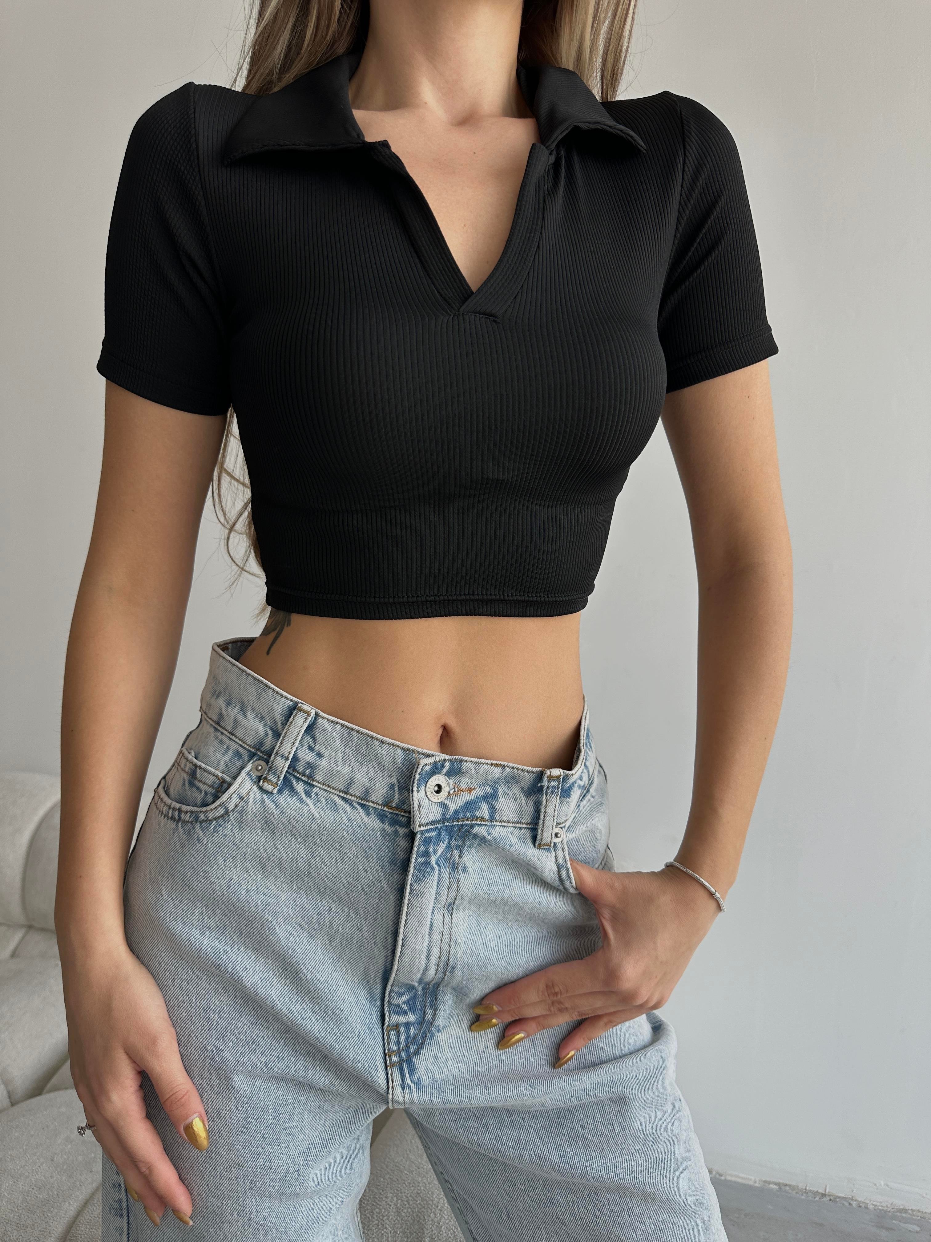 Arina Polo Yaka Crop Siyah