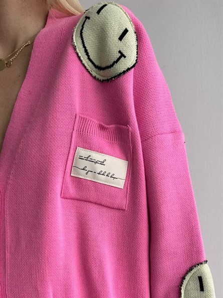 Oversize Emoji Triko Hırka Pembe