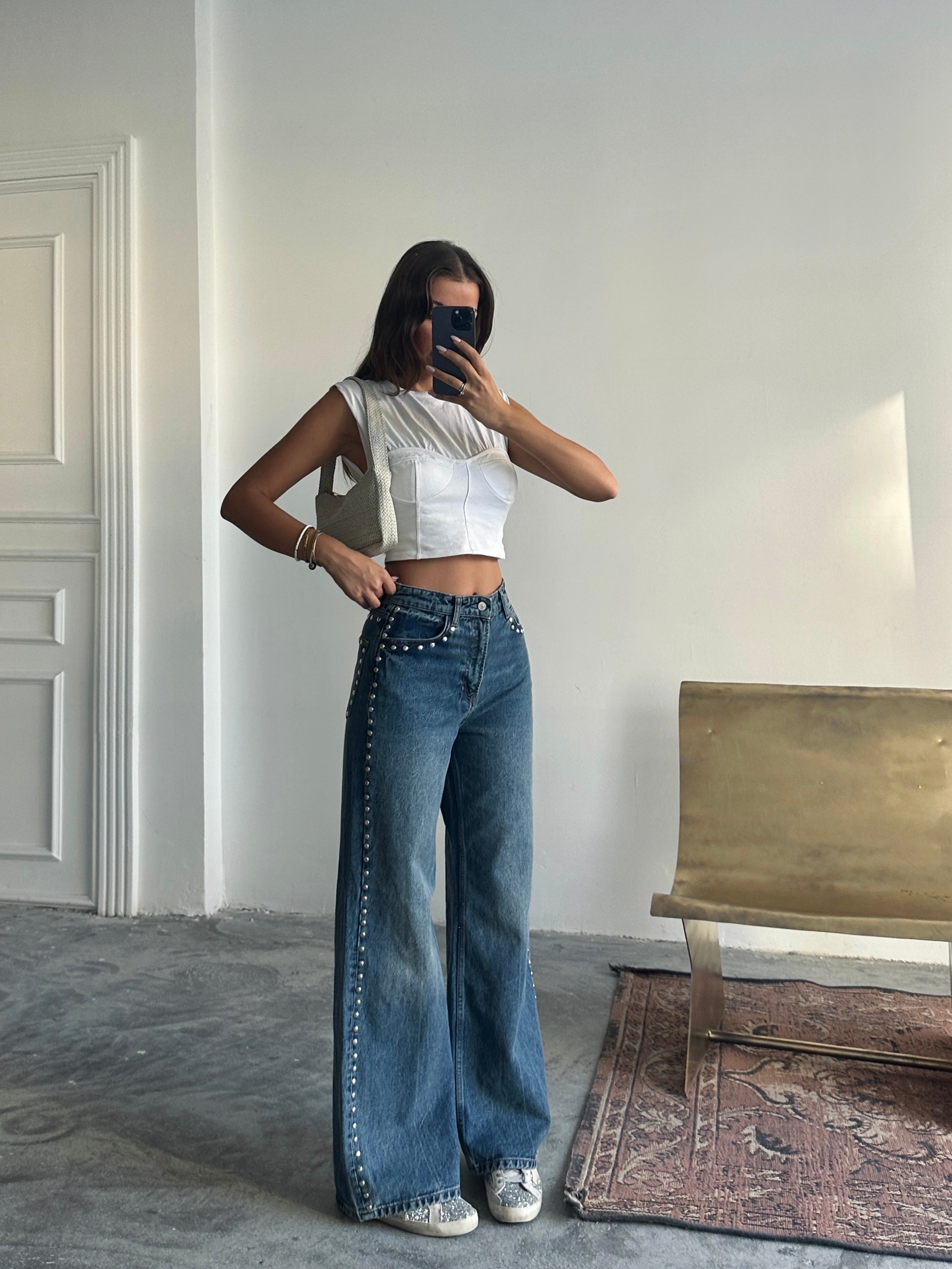 Zımba Detaylı Denim Palazzo  - Mavi