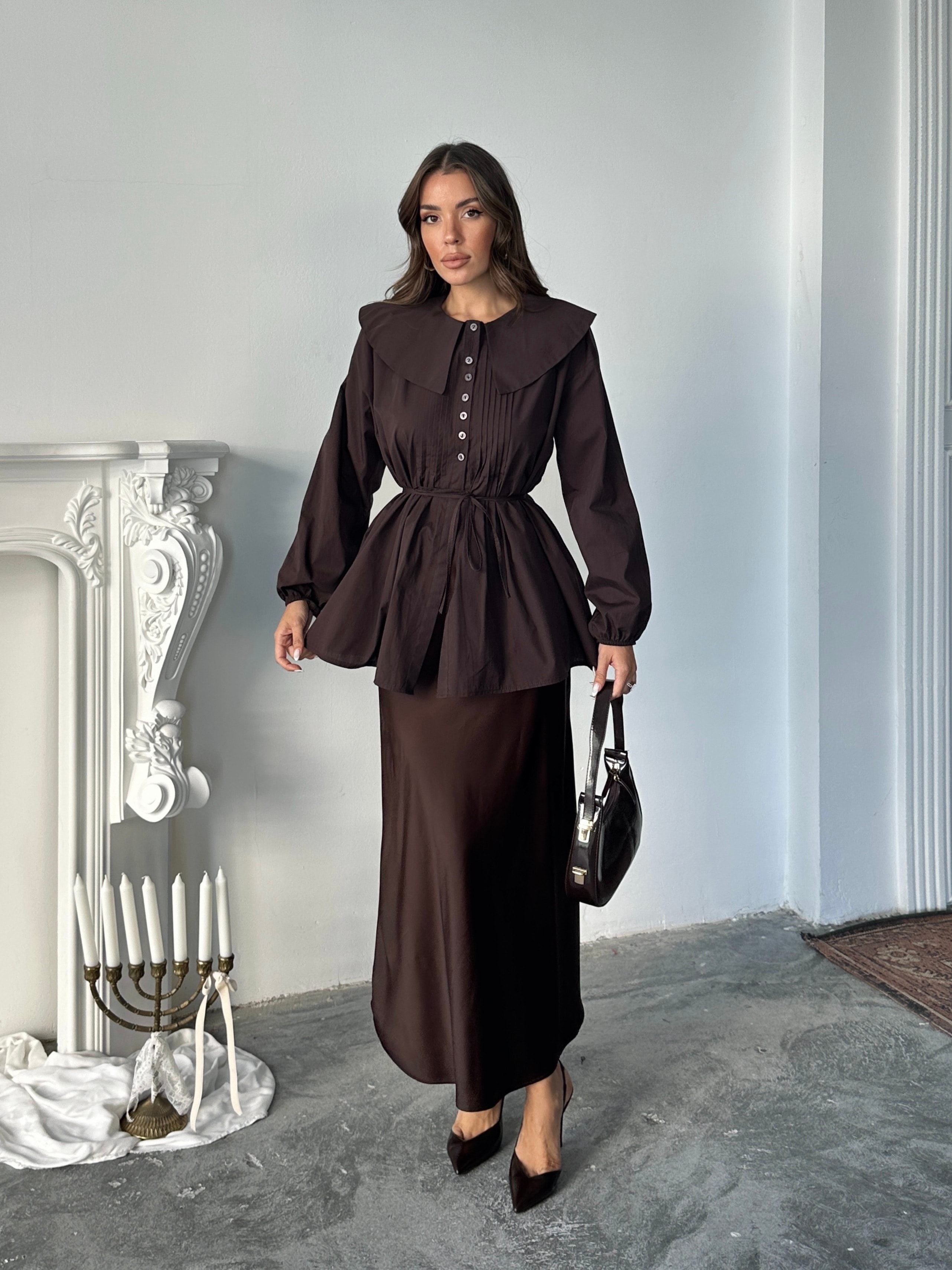 Geniş Yaka Poplin Gömlek - Kahve