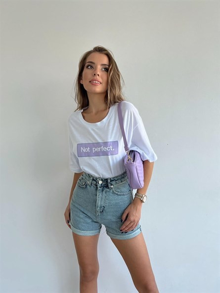 Not Perfect İşleme Oversize Basic Beyaz-Lila