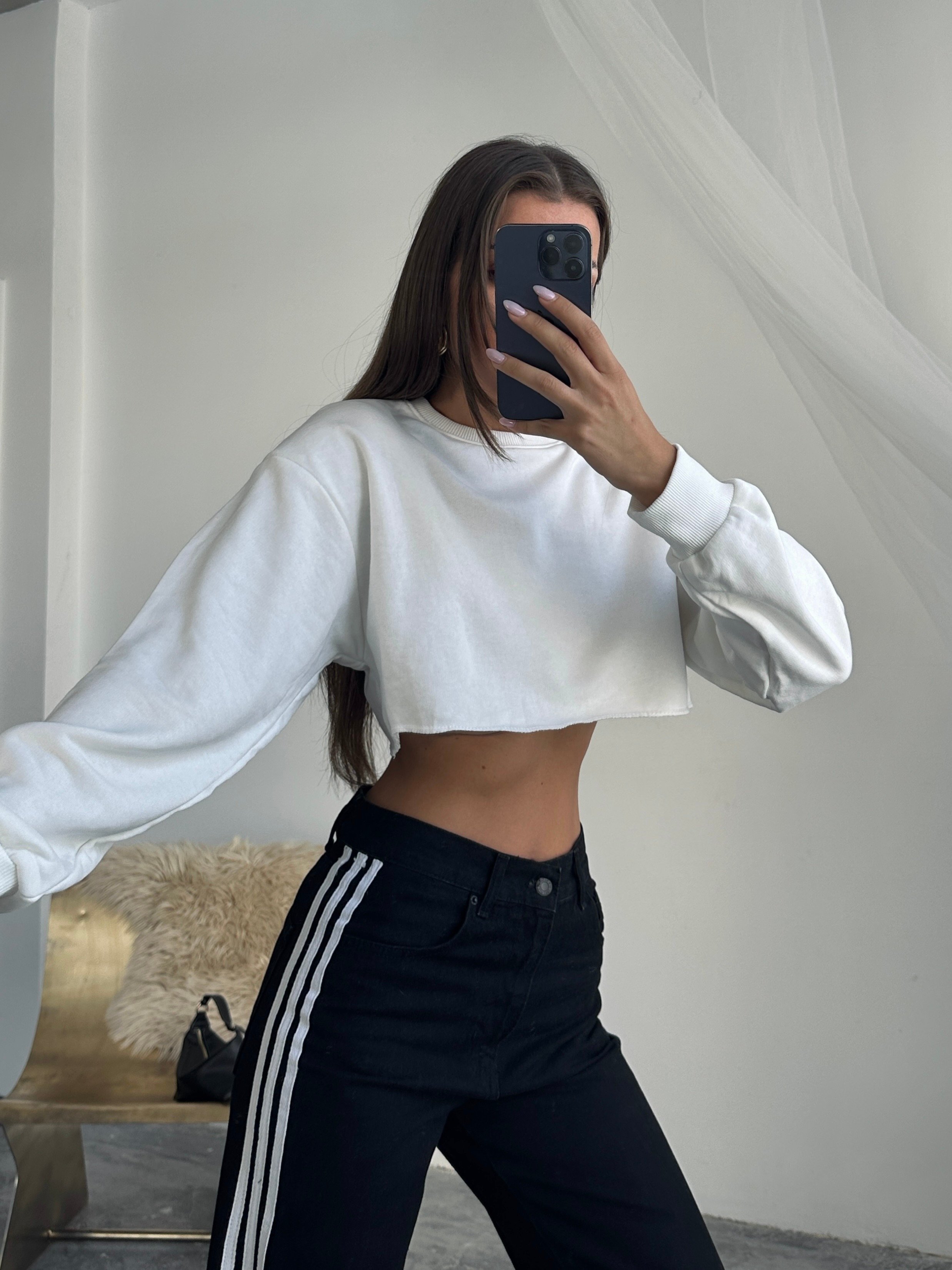 Dikişsiz Crop Sweat - Beyaz