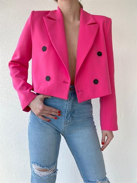 Düğmeli Kruvaze Crop Blazer Ceket Pembe