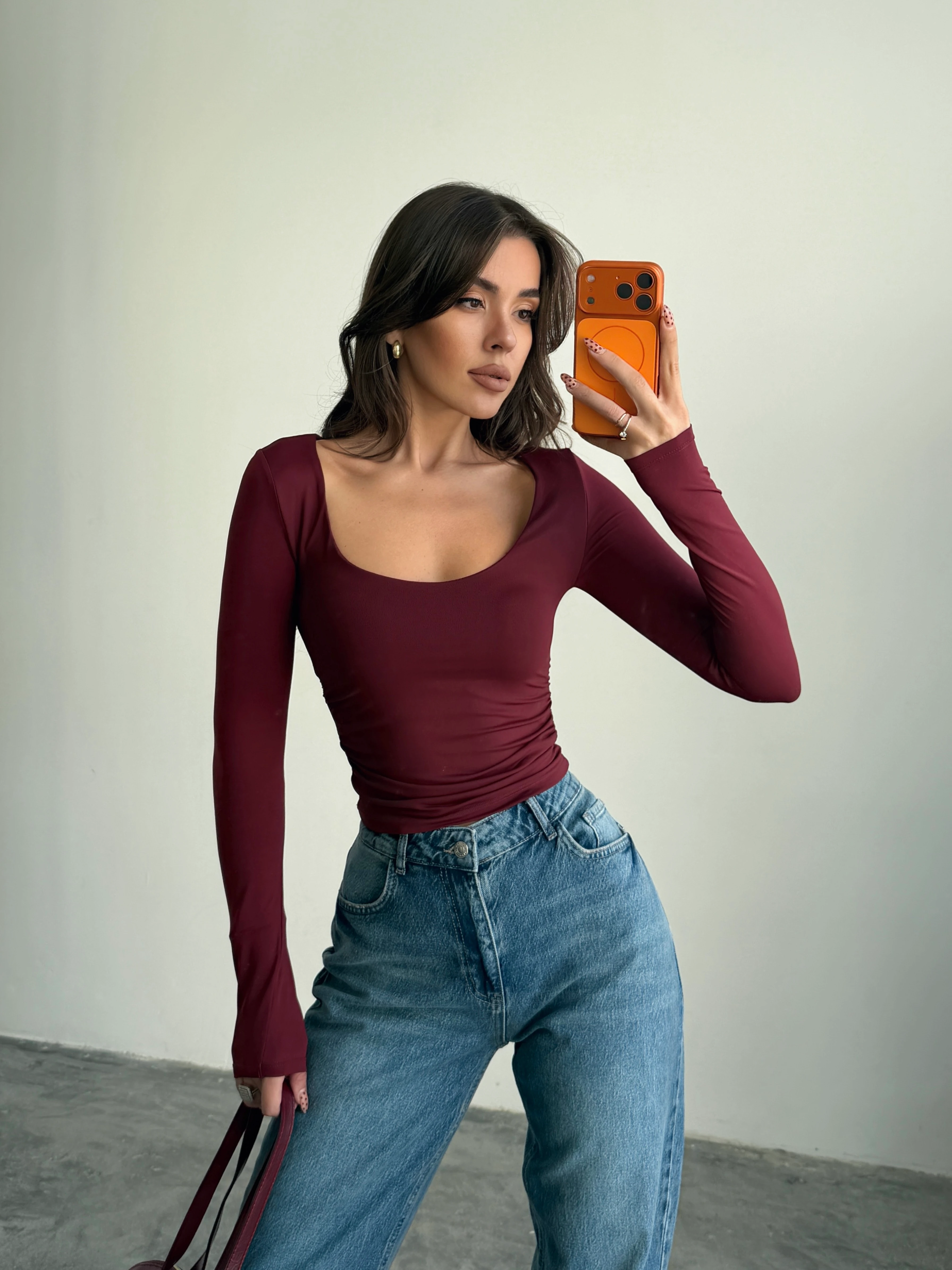 U Yaka Yan Büzgü Bluz - Mürdüm