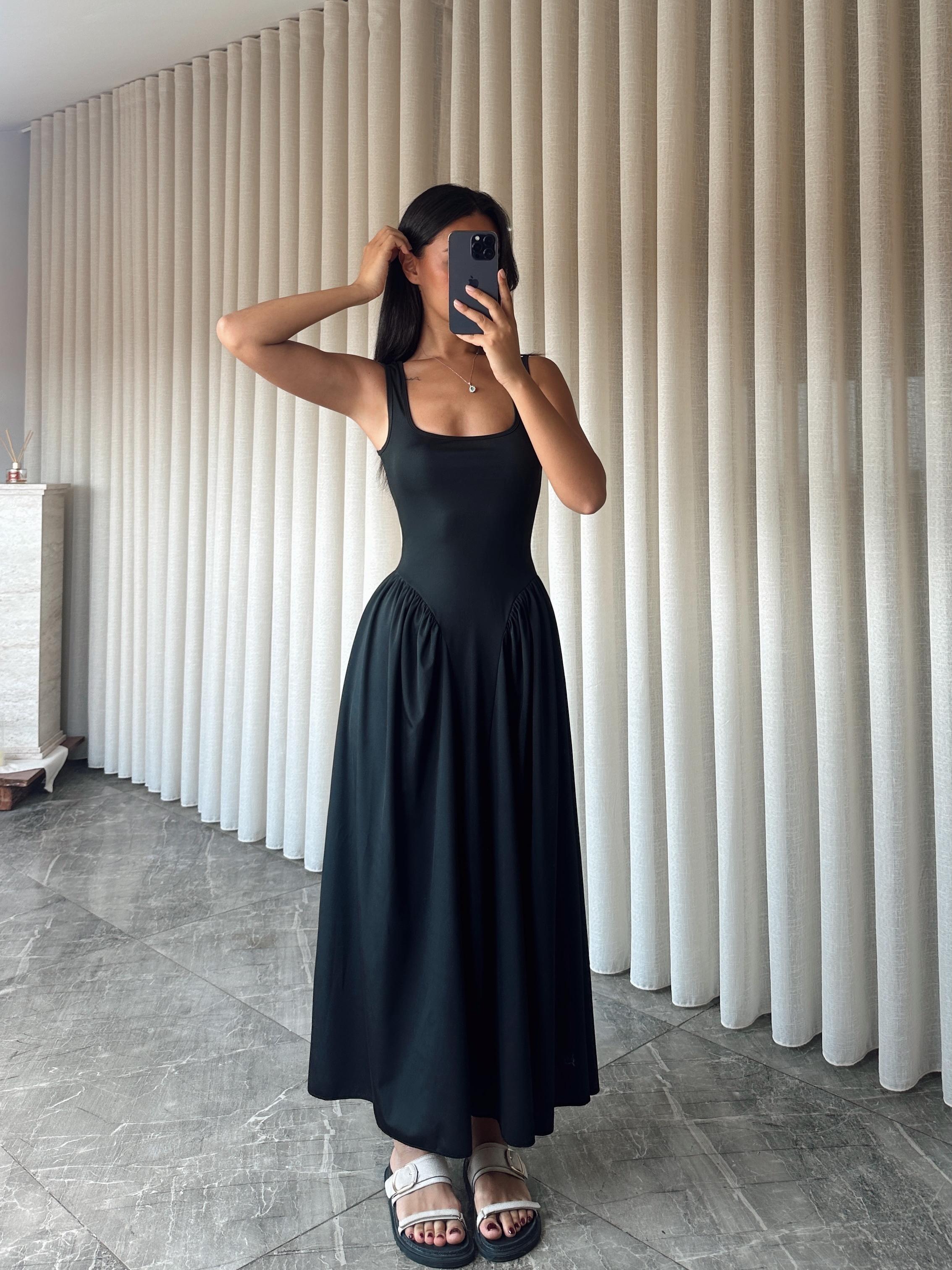 Korse Detaylı Midi Elbise - Black