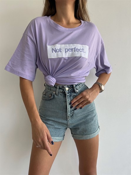 Not Perfect İşleme Oversize Basic Lila-Beyaz