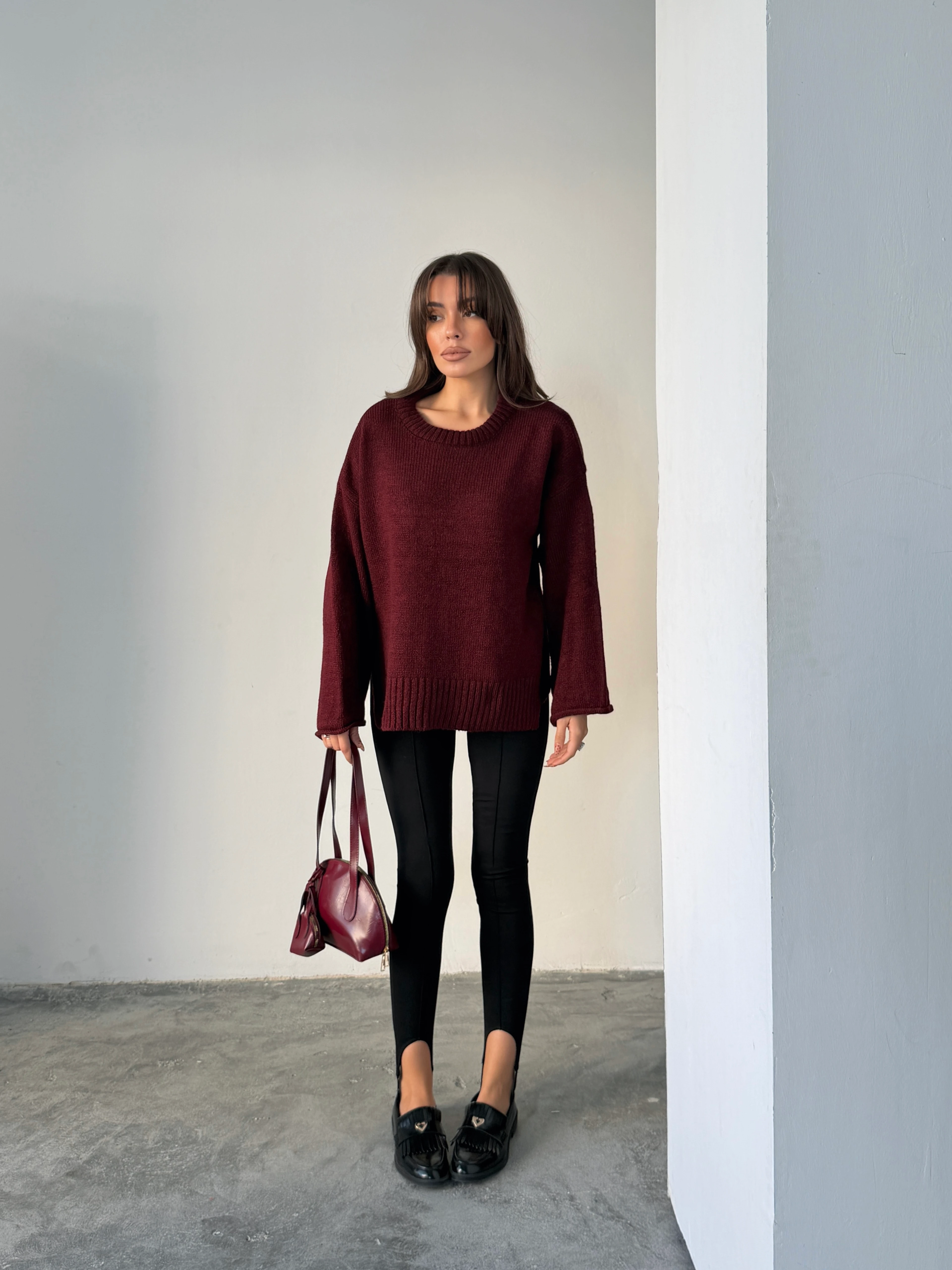 Yırtmaçlı Basic Triko  - Bordo