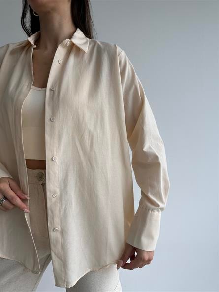 Kol Çift Düğme Oversize Poplin Gömlek Krem