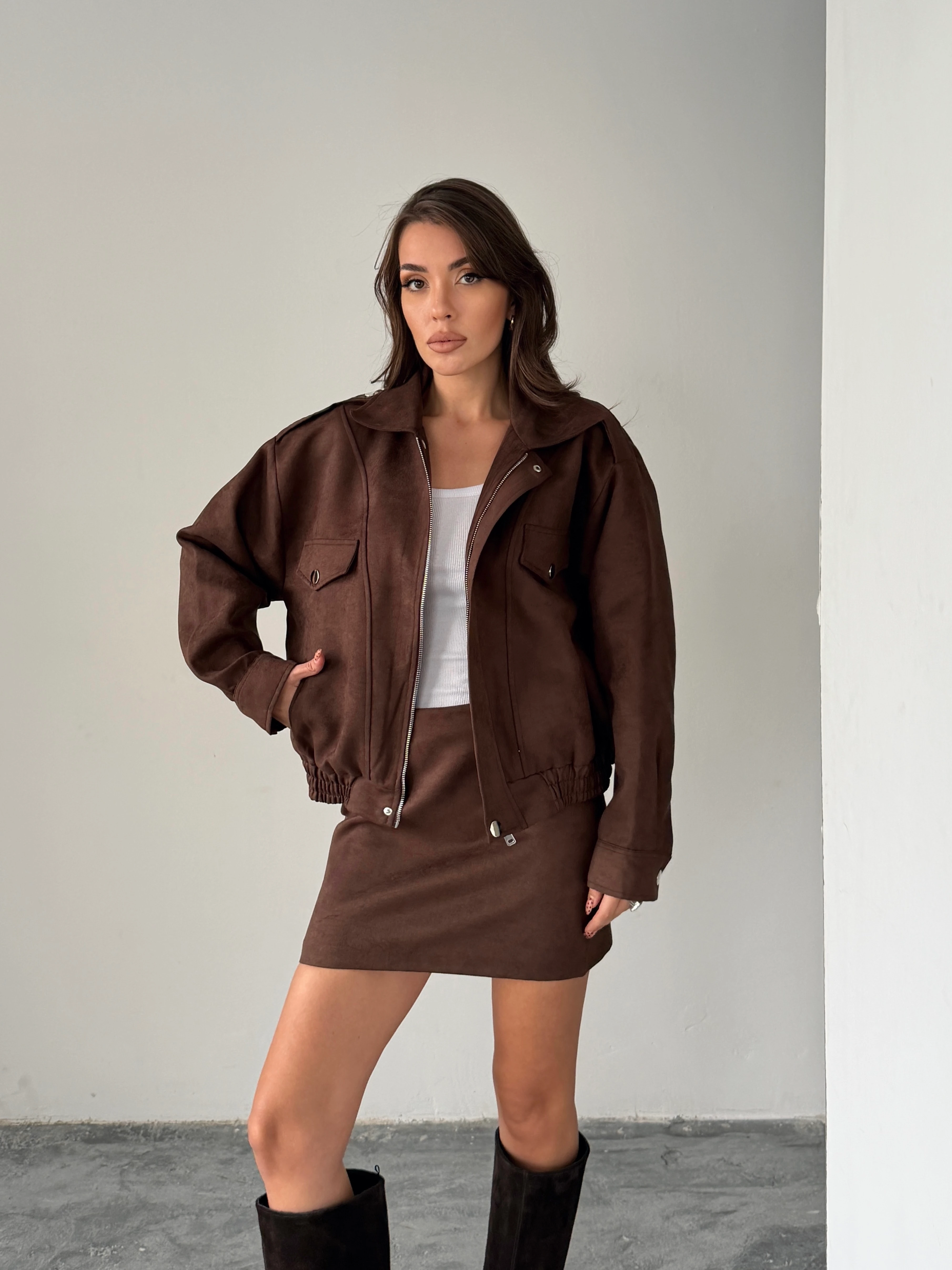 Süet Etek Ceket Takım  - Kahve