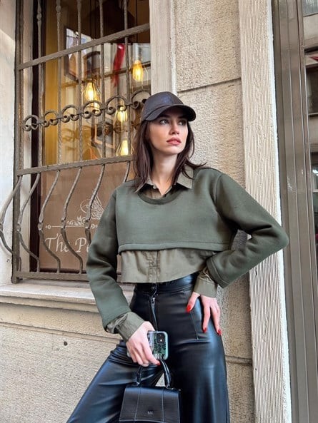 Gömlek Detay Tasarım Sweatshirt Haki Yeşil