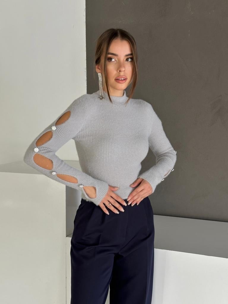 Diamond Kol Dekoltel Yumoş Triko Gri