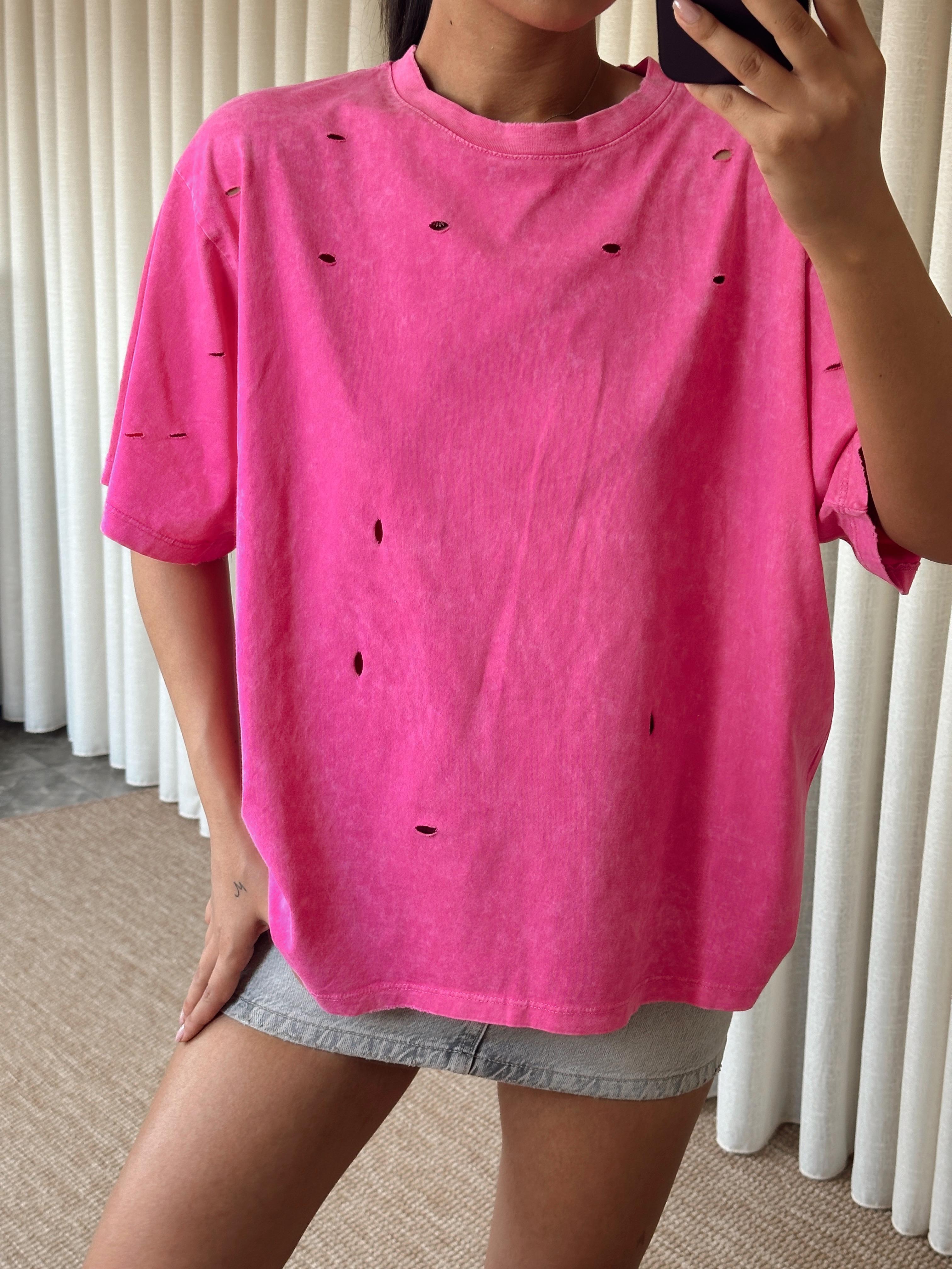 Delikli Yıkama T-shirt - Pembe