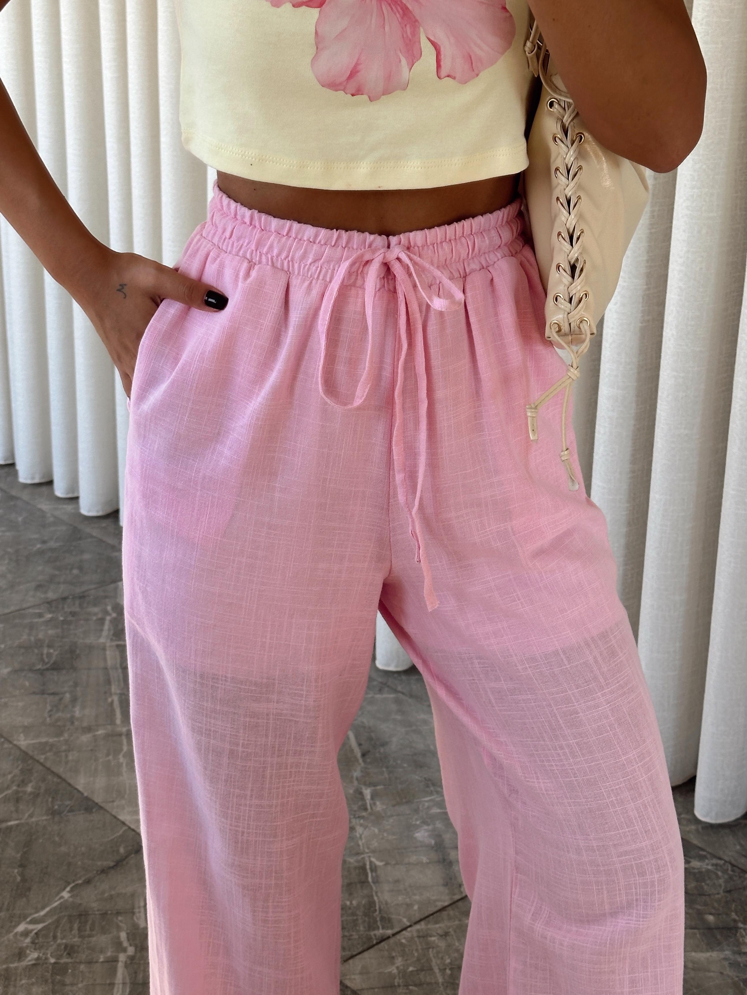Bol Paça Keten Pantolon - Pembe