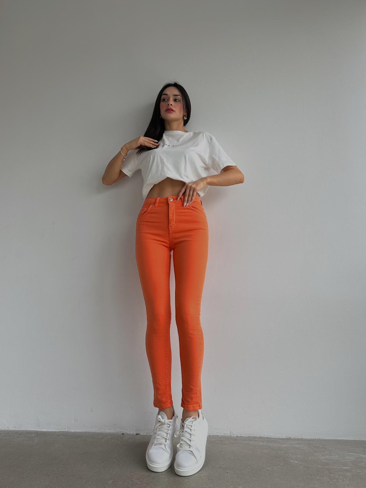 Renkli Yüksek Bel Likralı Skinny Jean Turuncu
