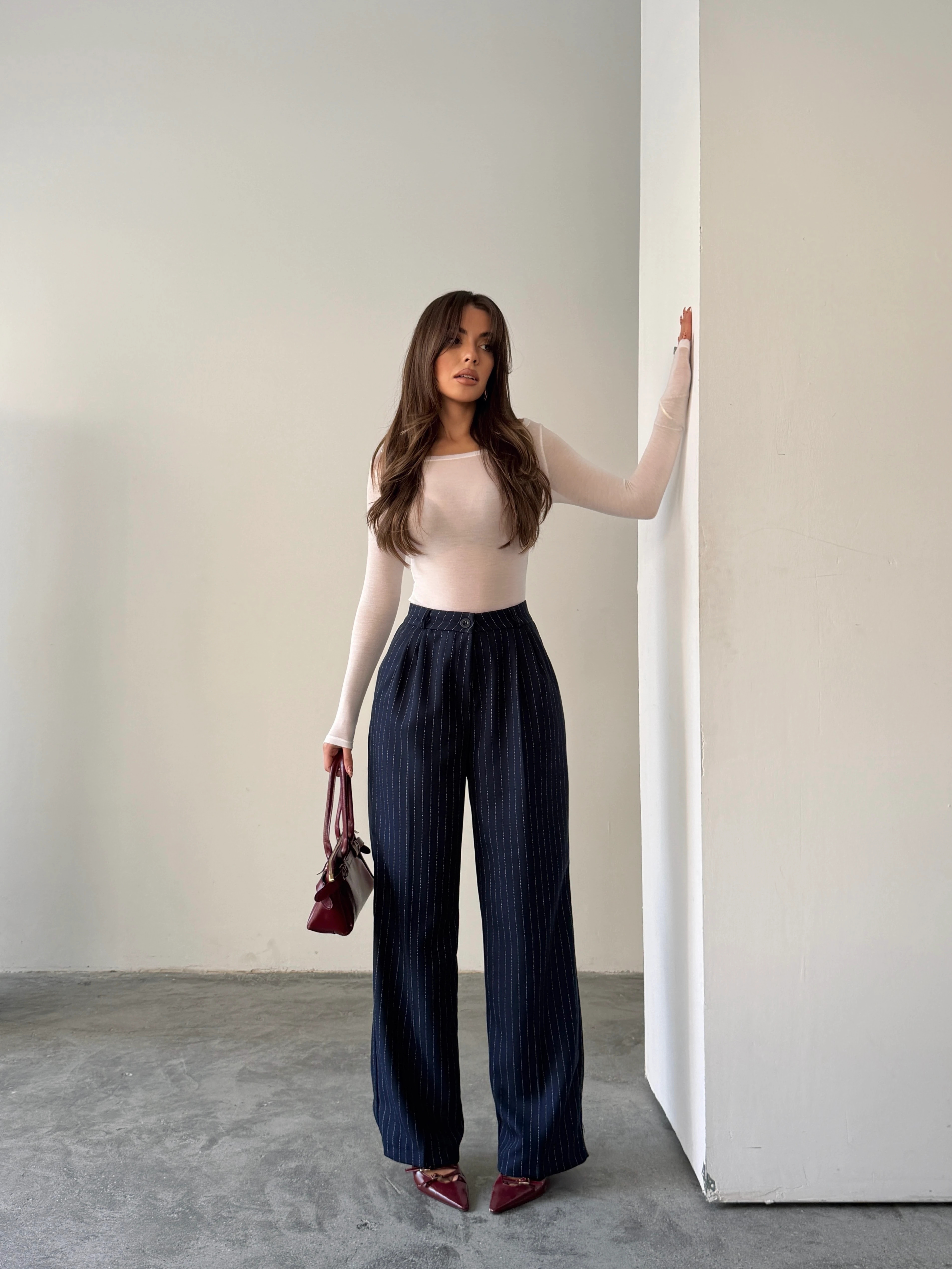 Yünefekt Çizgili Palazzo - Lacivert