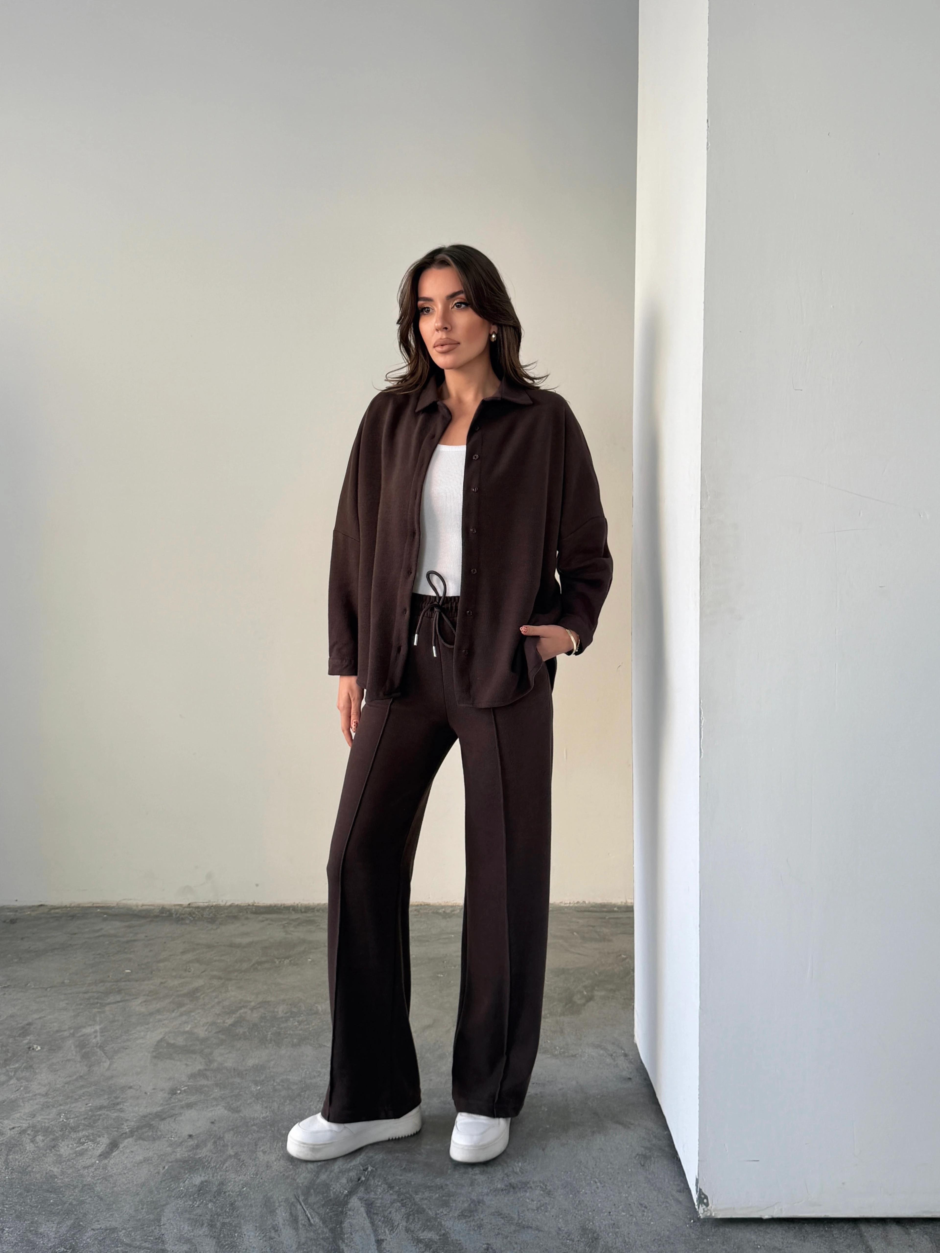 Gömlek Pantolon Fitilli Takım  - Kahve