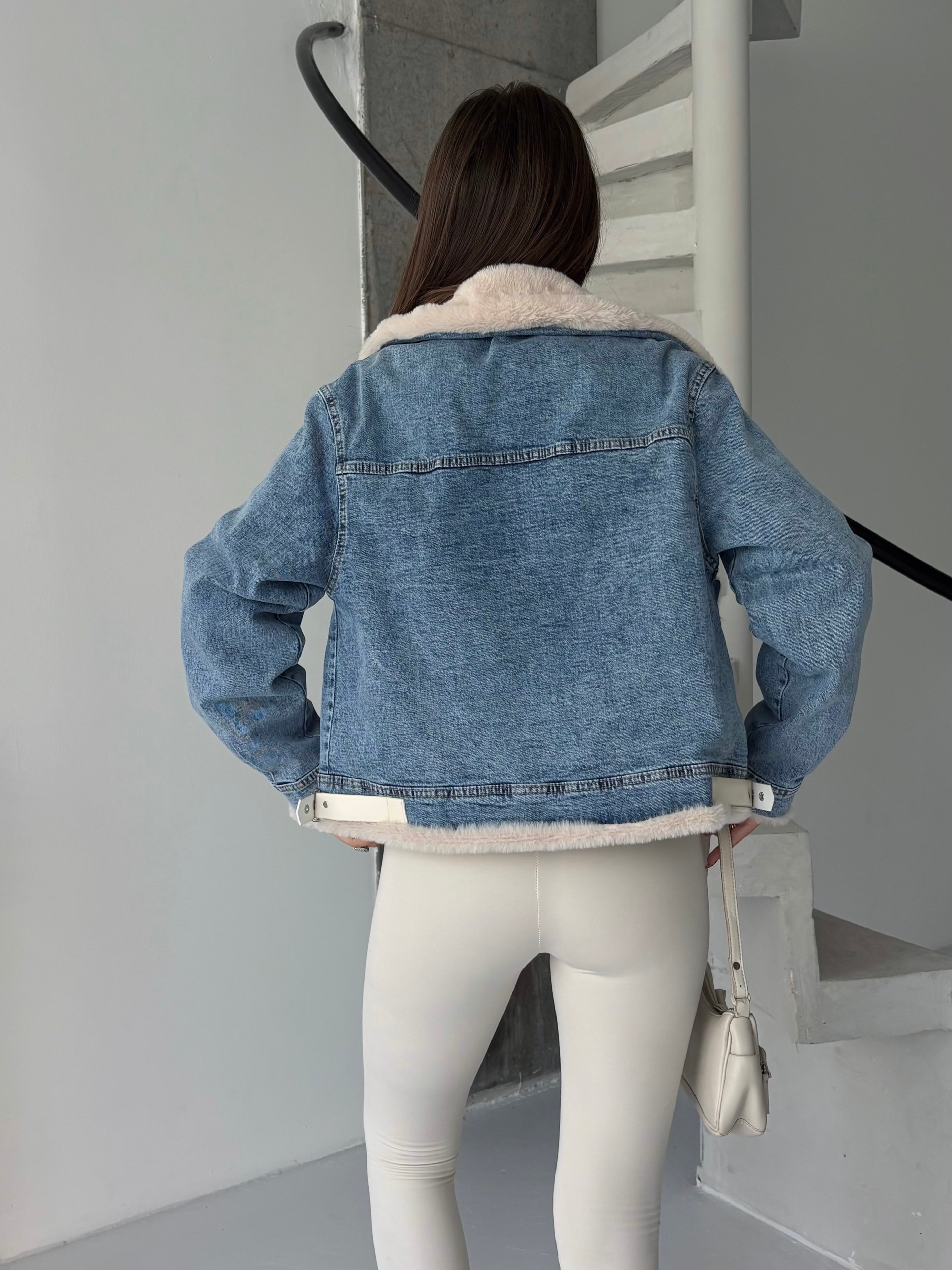 Yakası Peluş Denim Ceket - Mavi