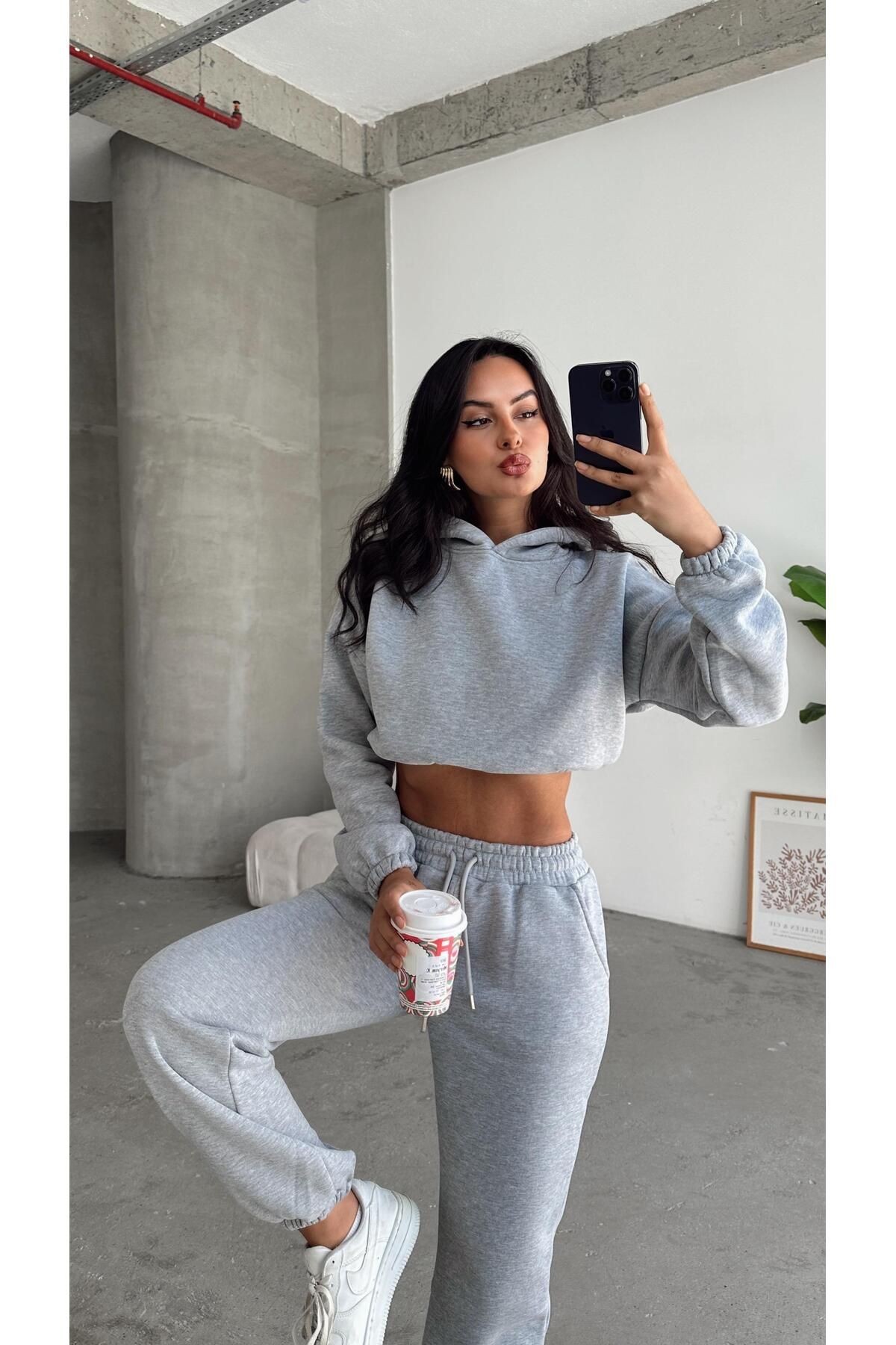 Kapüşonlu Crop Sweat Jogger Eşofman Takım Gri