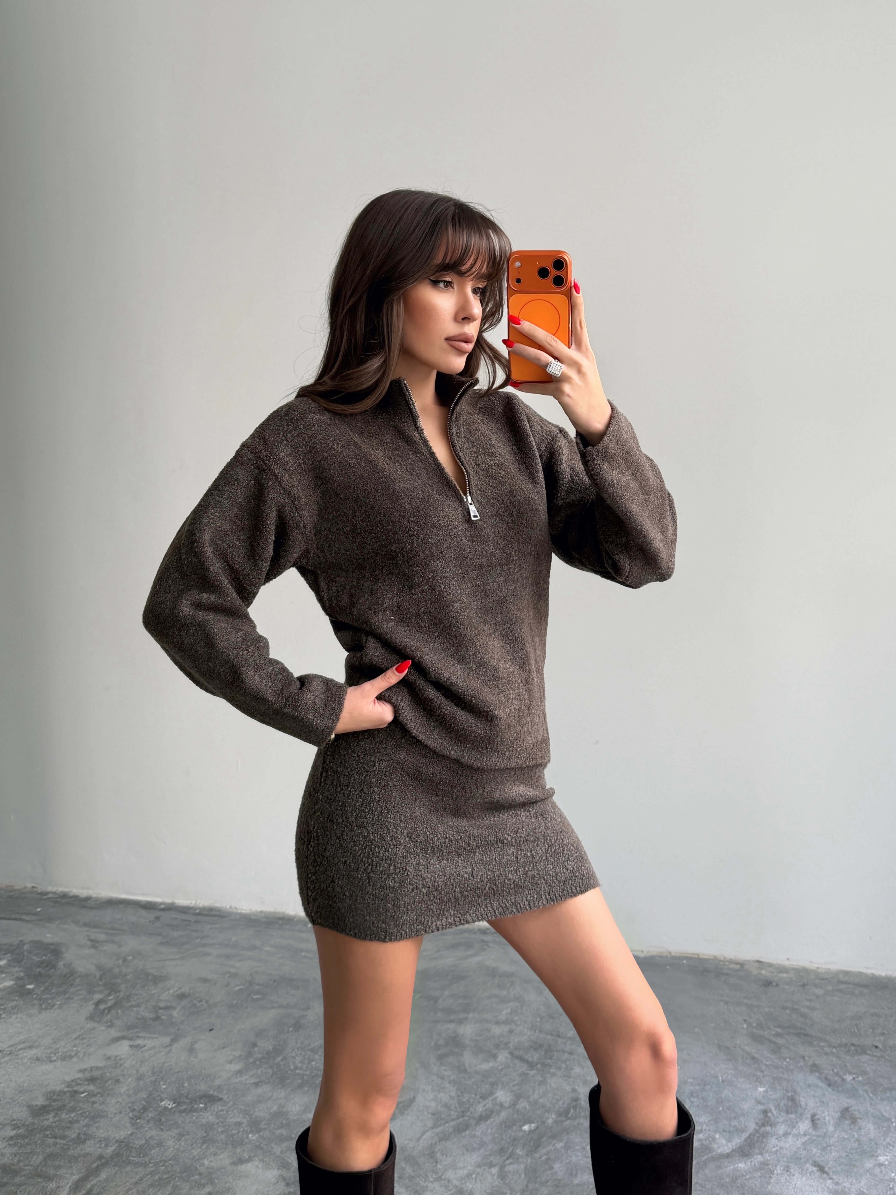 Yarım Fermuarlı Triko Takım  - Kahve