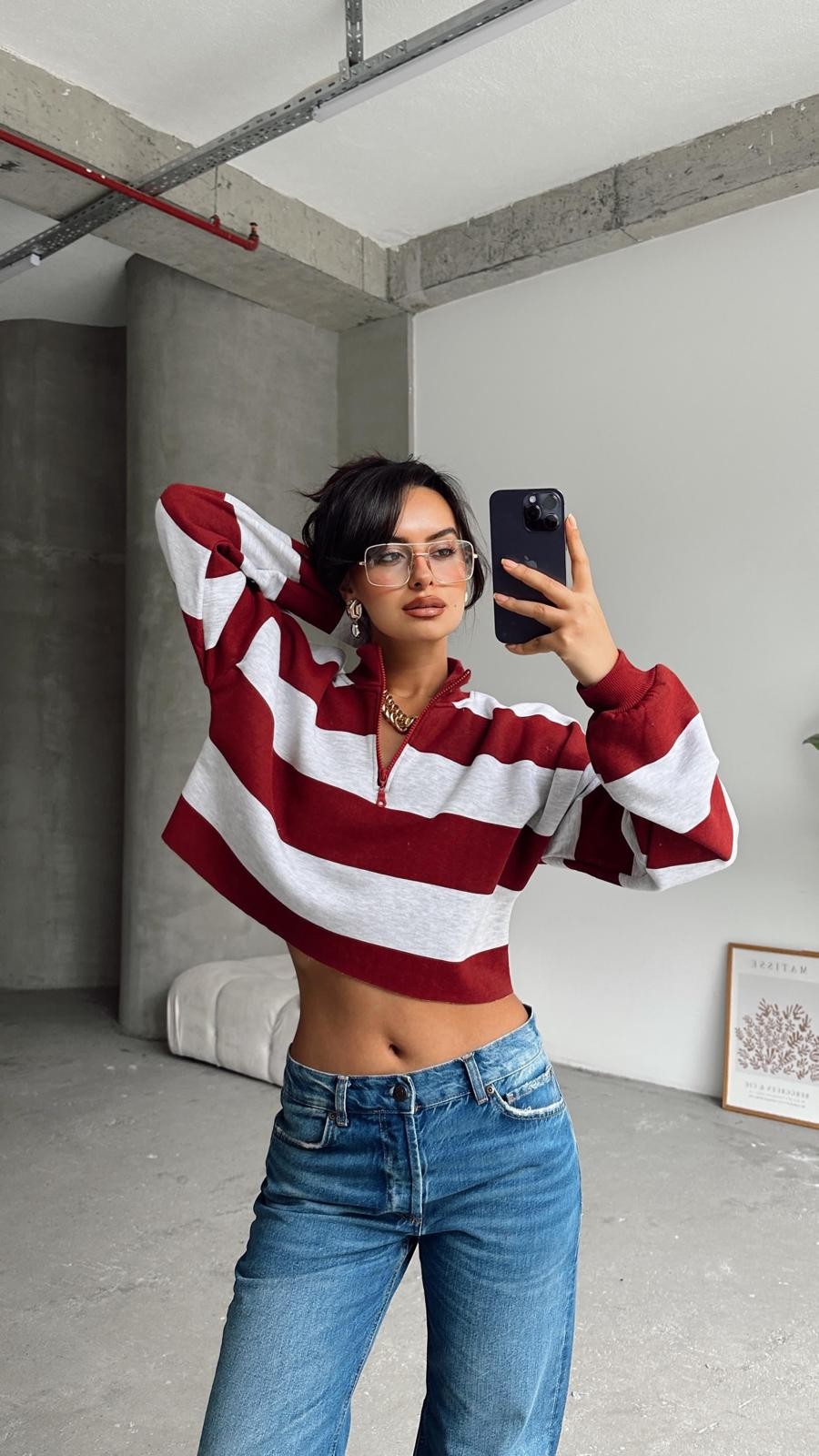 Fermuar Detay Çizgili Crop Sweat Bordo