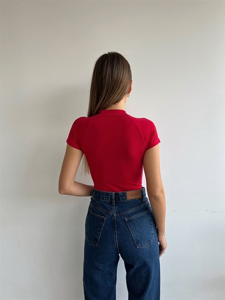 Fermuarlı Dik Yaka Sandy Bodysuit Kırmızı