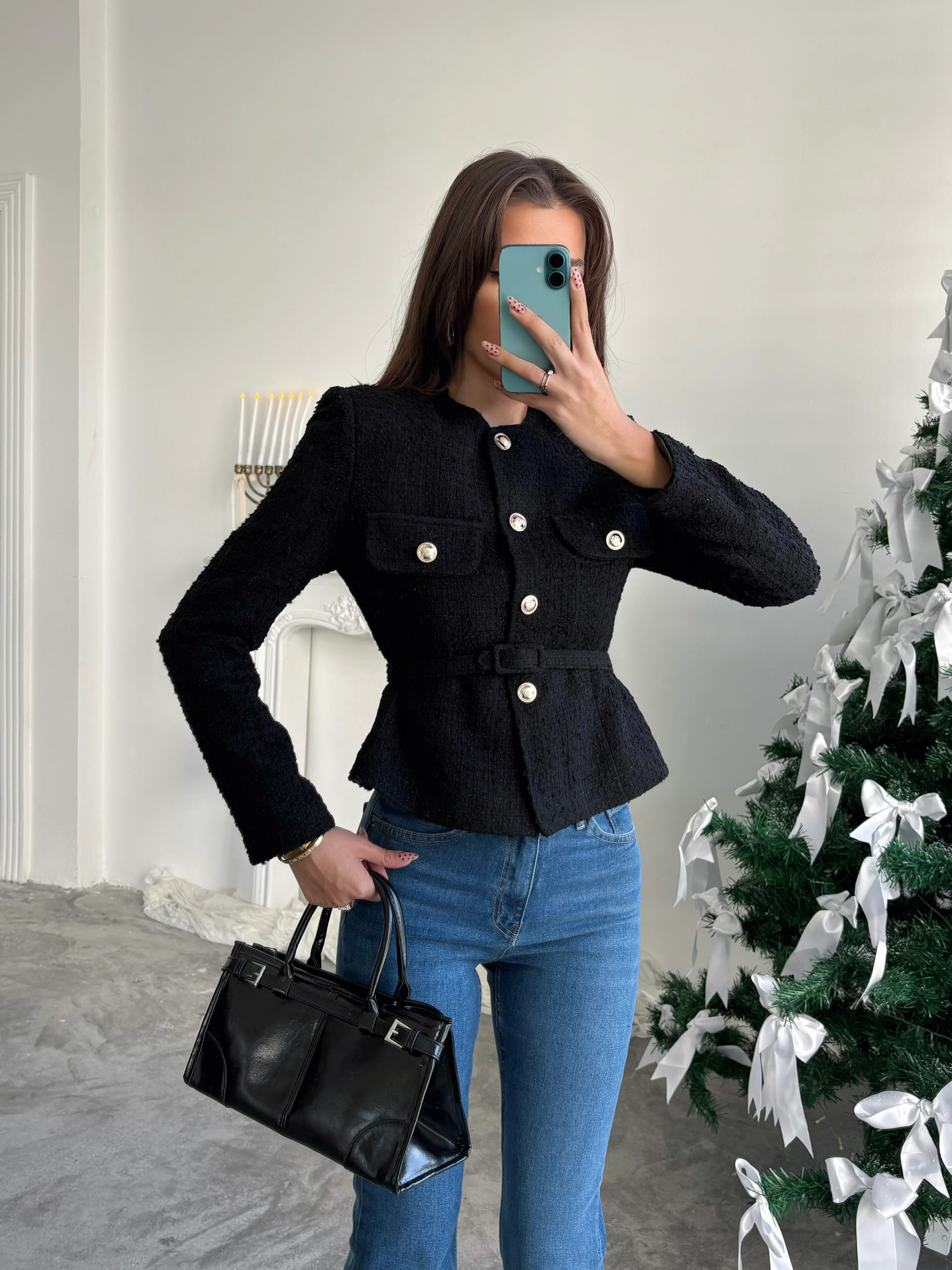 Kemer Detaylı Düğmeli Ceket - Siyah