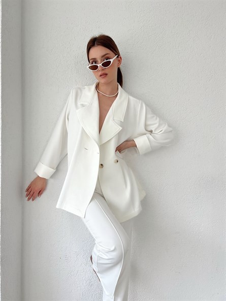 Oversize Düğmeli Kruvaze Ceket Ekru