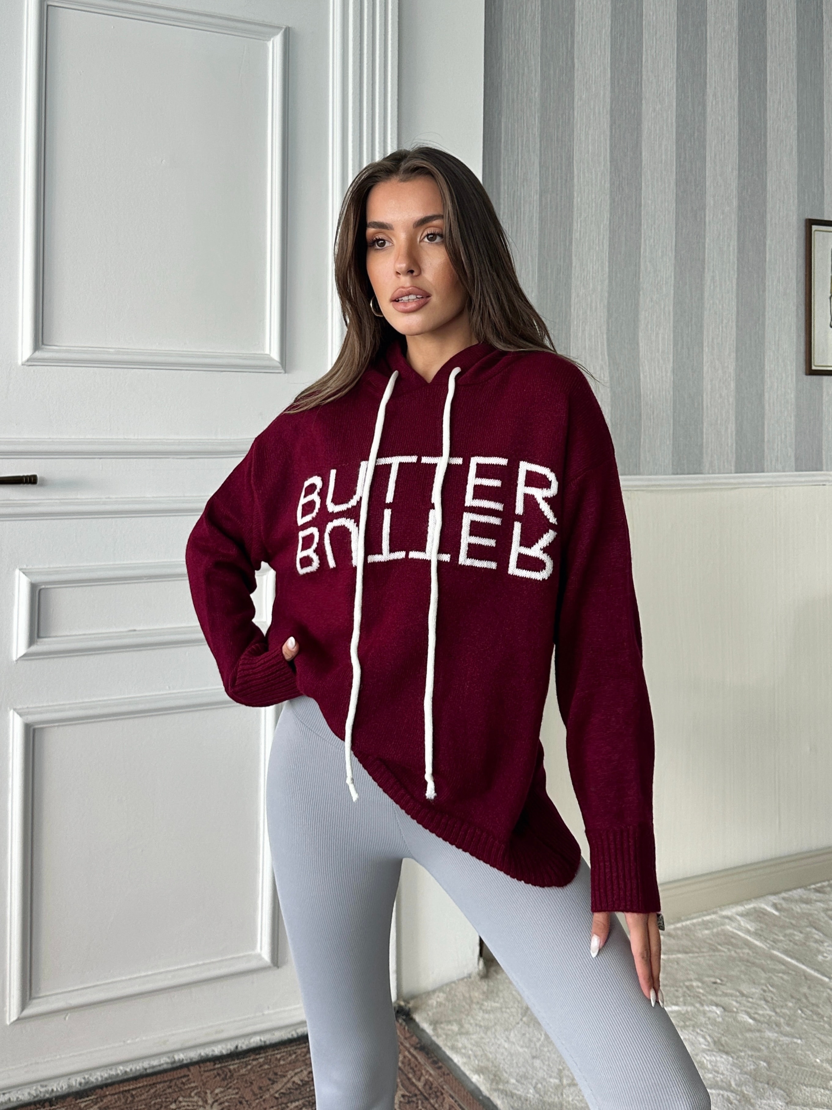 Kapüşonlu Butter Triko - Bordo