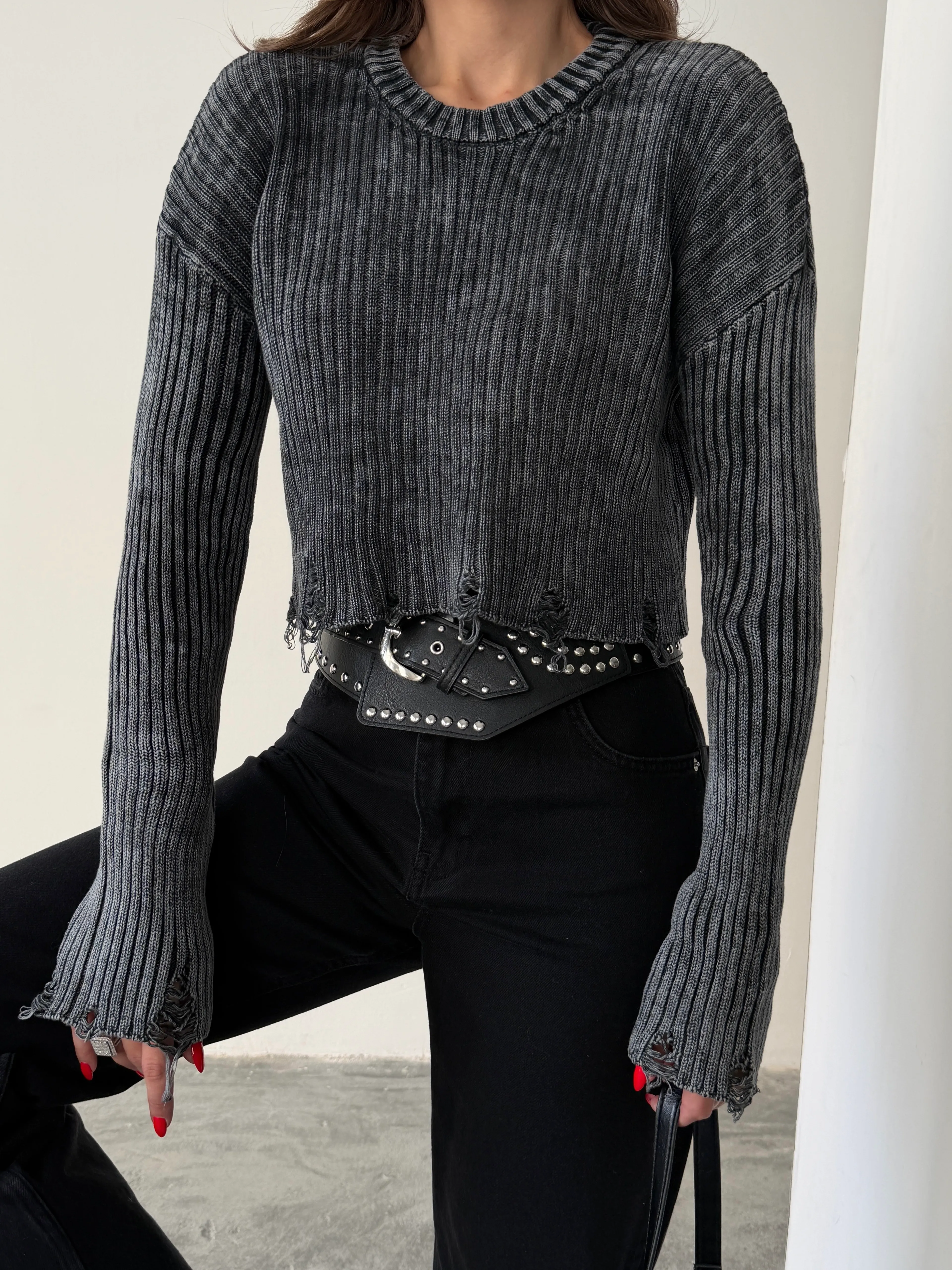 Yırtık Detay Crop Triko  - Gri