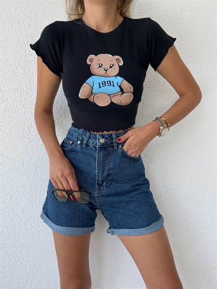 Teddy Kısakol Crop Top Siyah