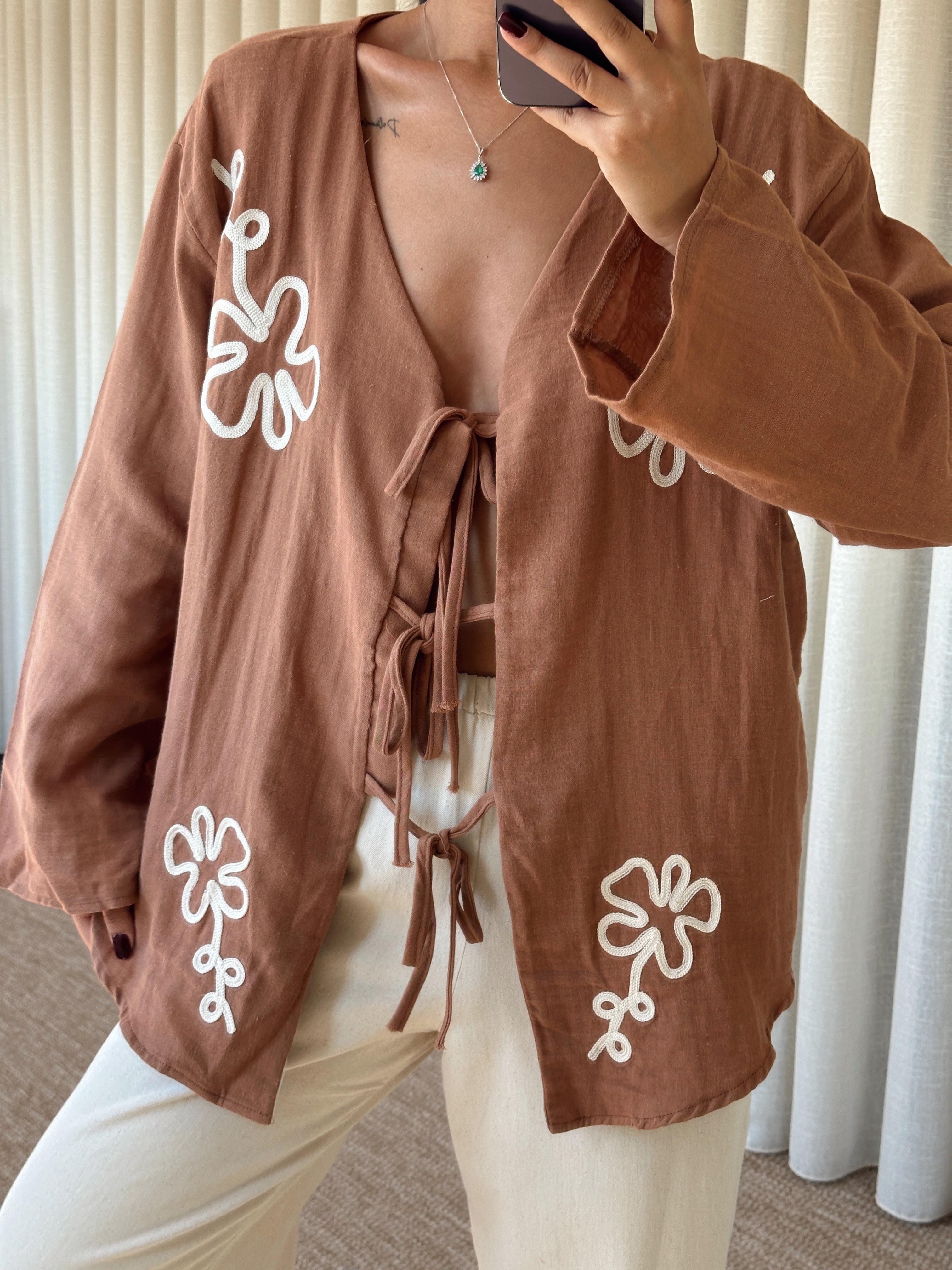 Nakışlı Kimono Takım  - Kahve